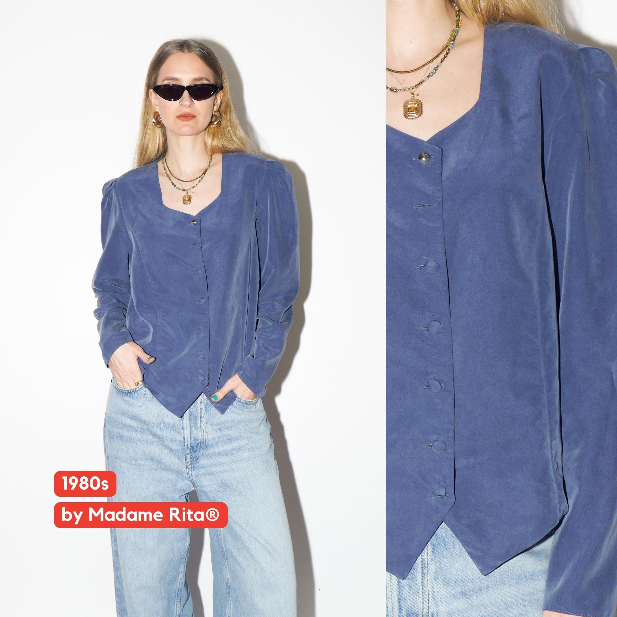 VINTAGE Blue Buttoned Blouse from 1980s with square neckline by Madame Rita®