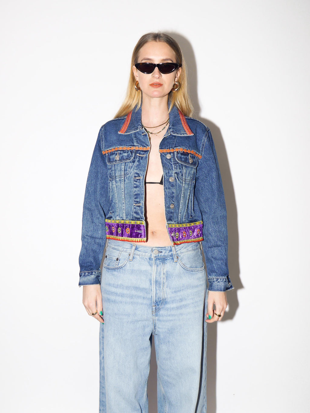 VINTAGE Cropped Jeans Jacket with Hippie Boho Elements from 1990s