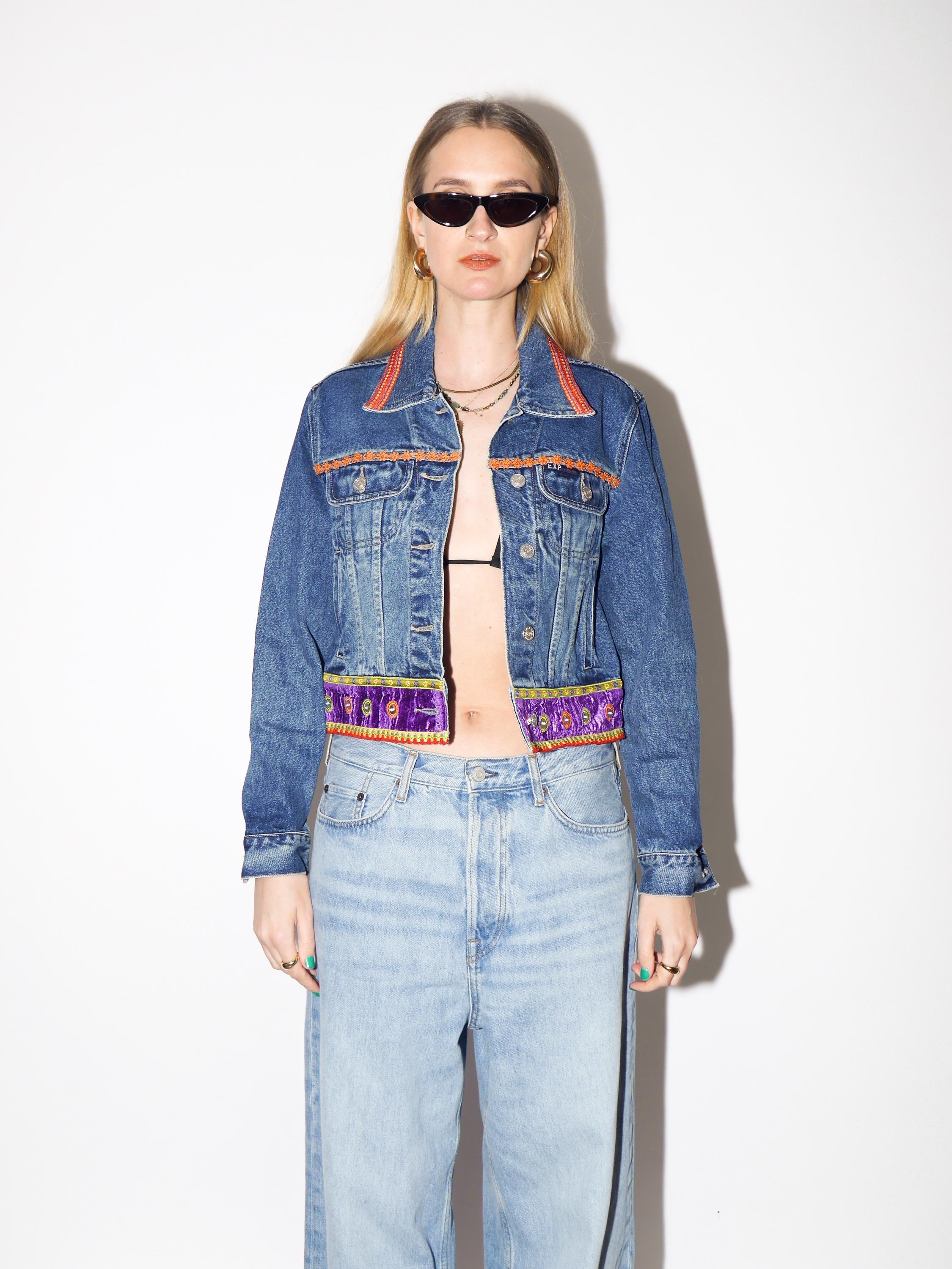 VINTAGE Cropped Jeans Jacket with Hippie Boho Elements from 1990s