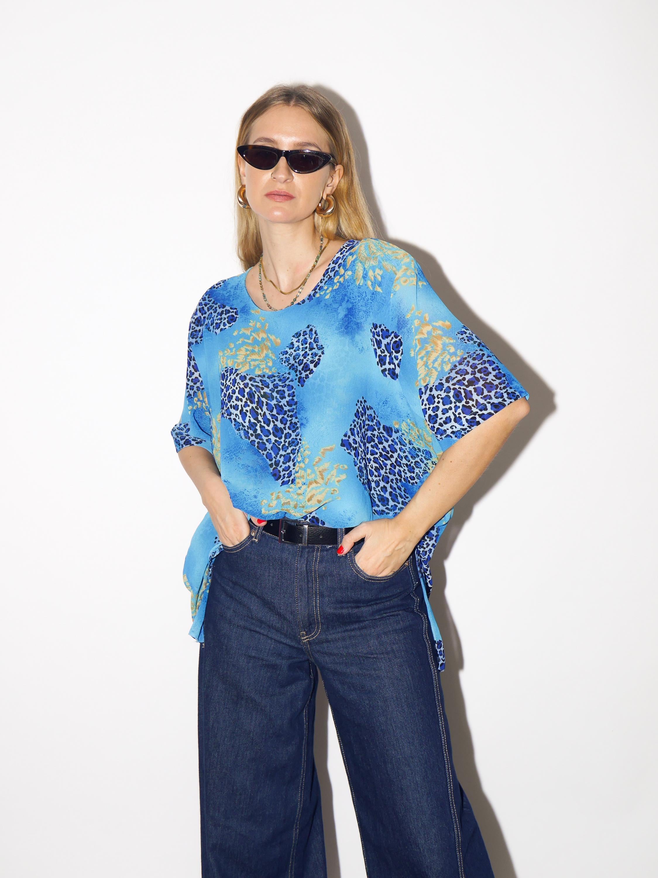 VINTAGE blue cheetah blouse, sheer oversized animal print blouse from 1980s