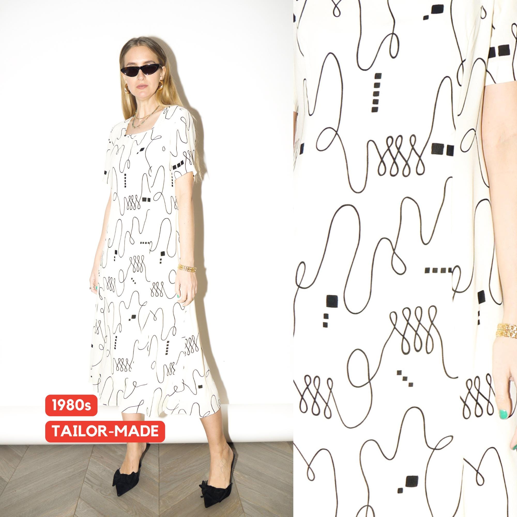 VINTAGE Off-White Midi A-Line Dress from 1980s | Square Neckline Midi Dress