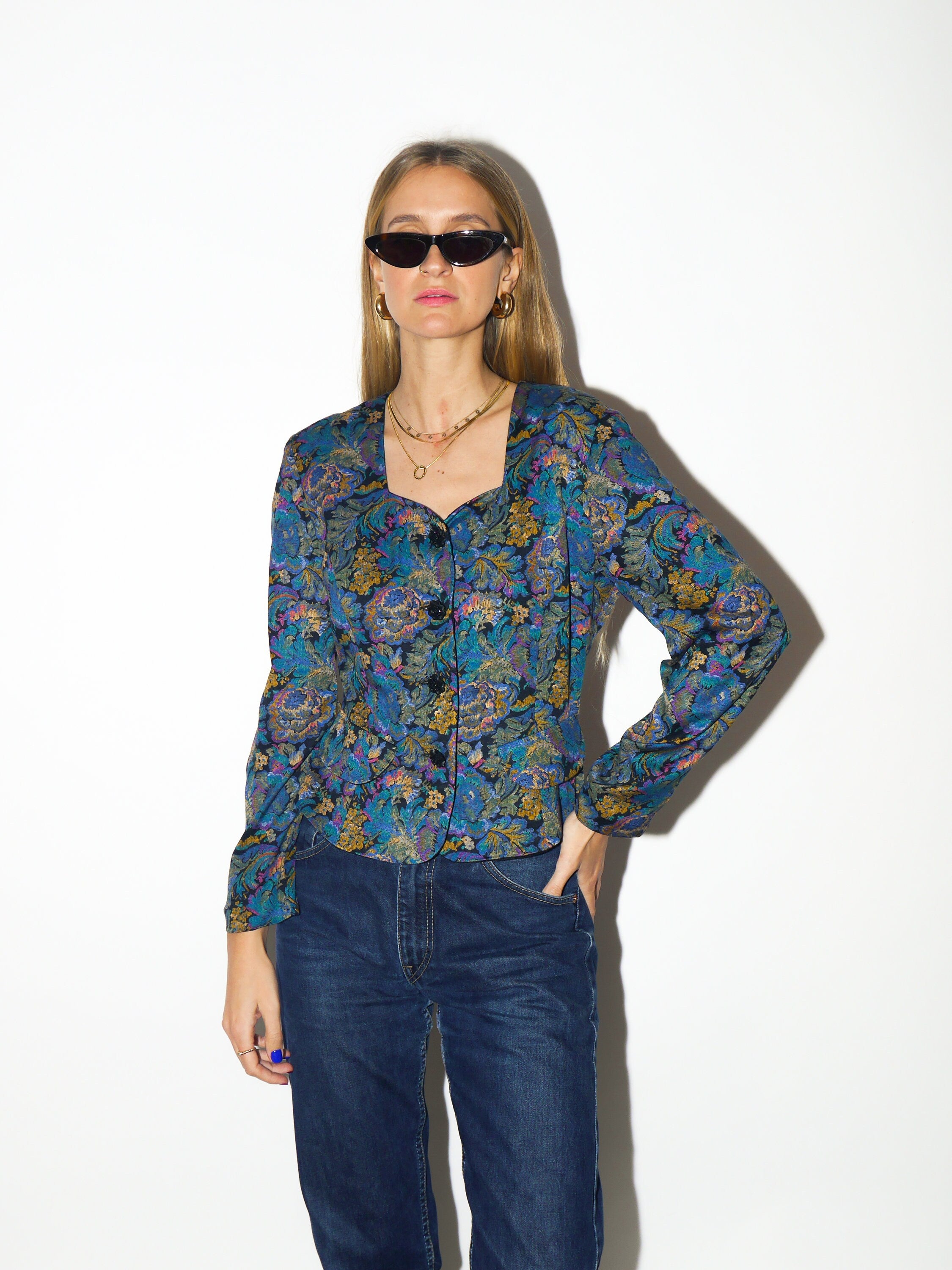VINTAGE shirt 1980s | Topsi jacquard heart shaped neck blouse | vintage blue and yellow floral top | premium vintage blouse