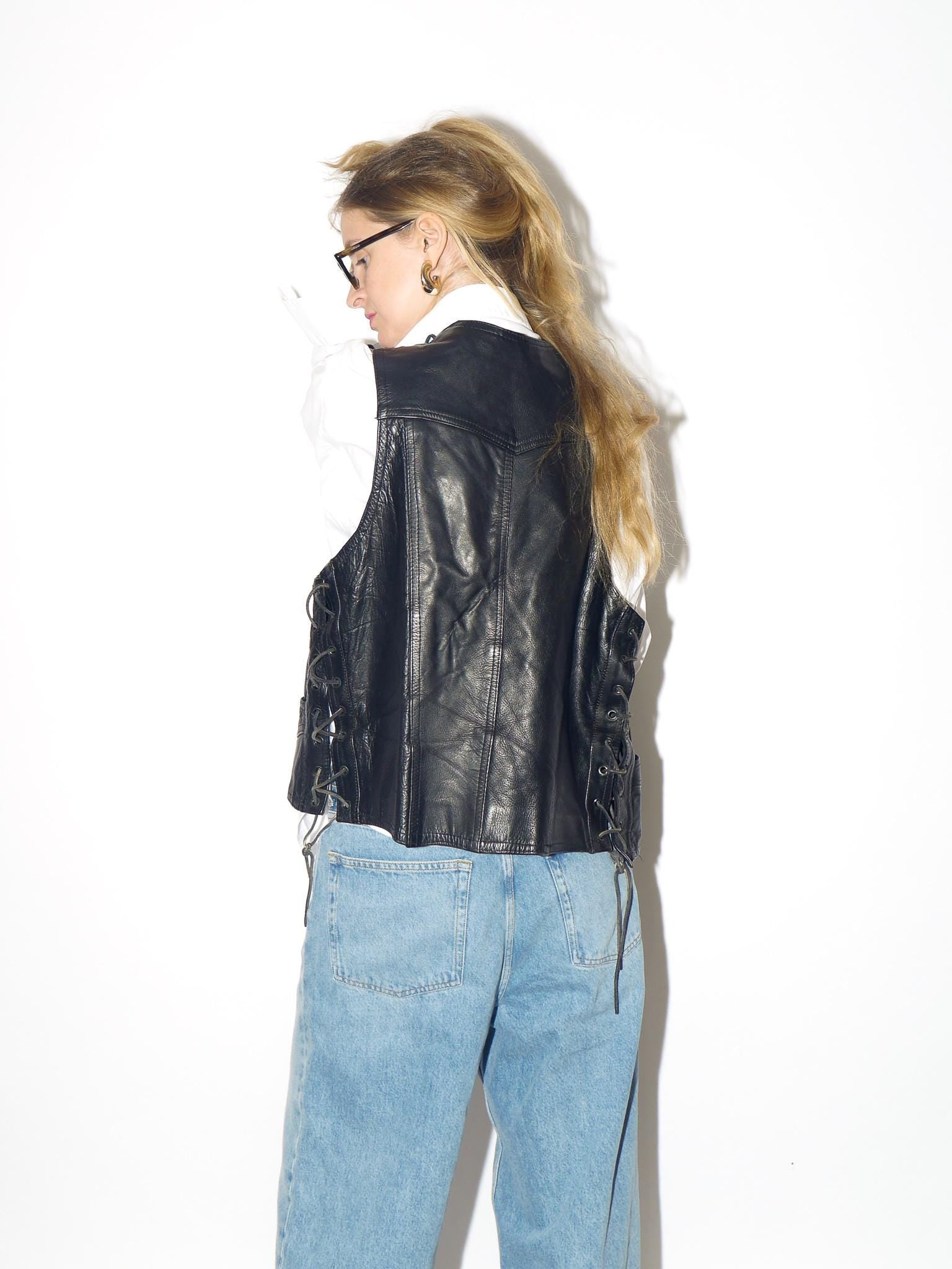 VINTAGE black leather vest from 1980s | heavy vintage motorcycle leather vest