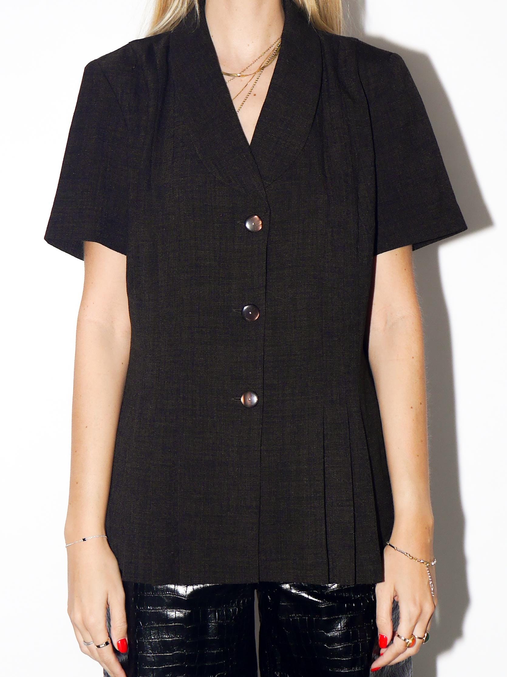 VINTAGE Chocolate Brown Checked Short Sleeve Blouse From The 1980s By Danny And Nicole