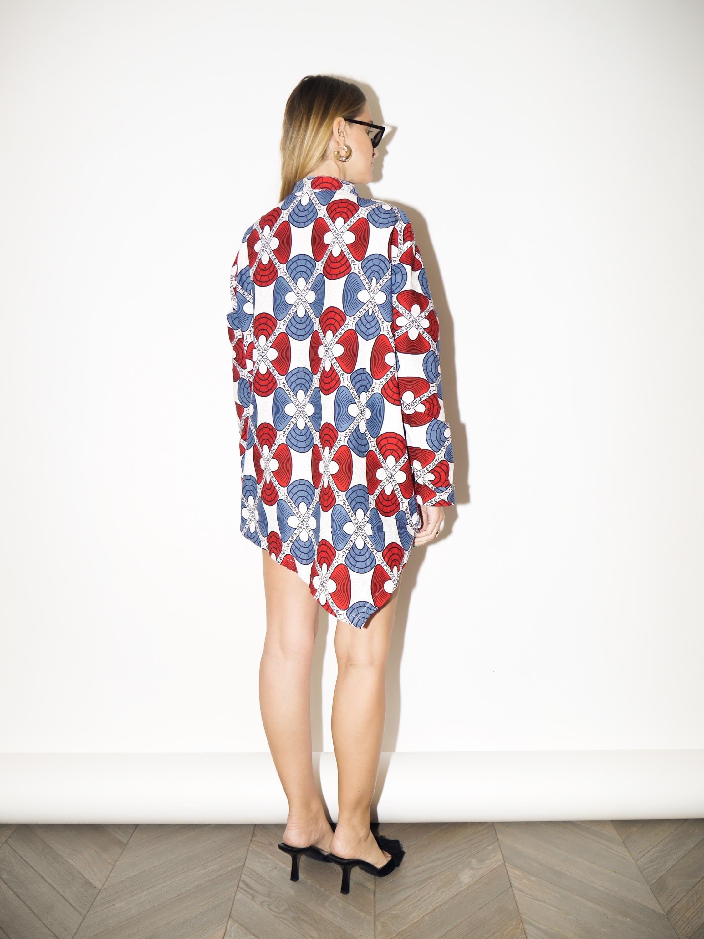 VINTAGE Mini Shirt Dress from 1980s in White Red Blue | Oversized Cotton Dress