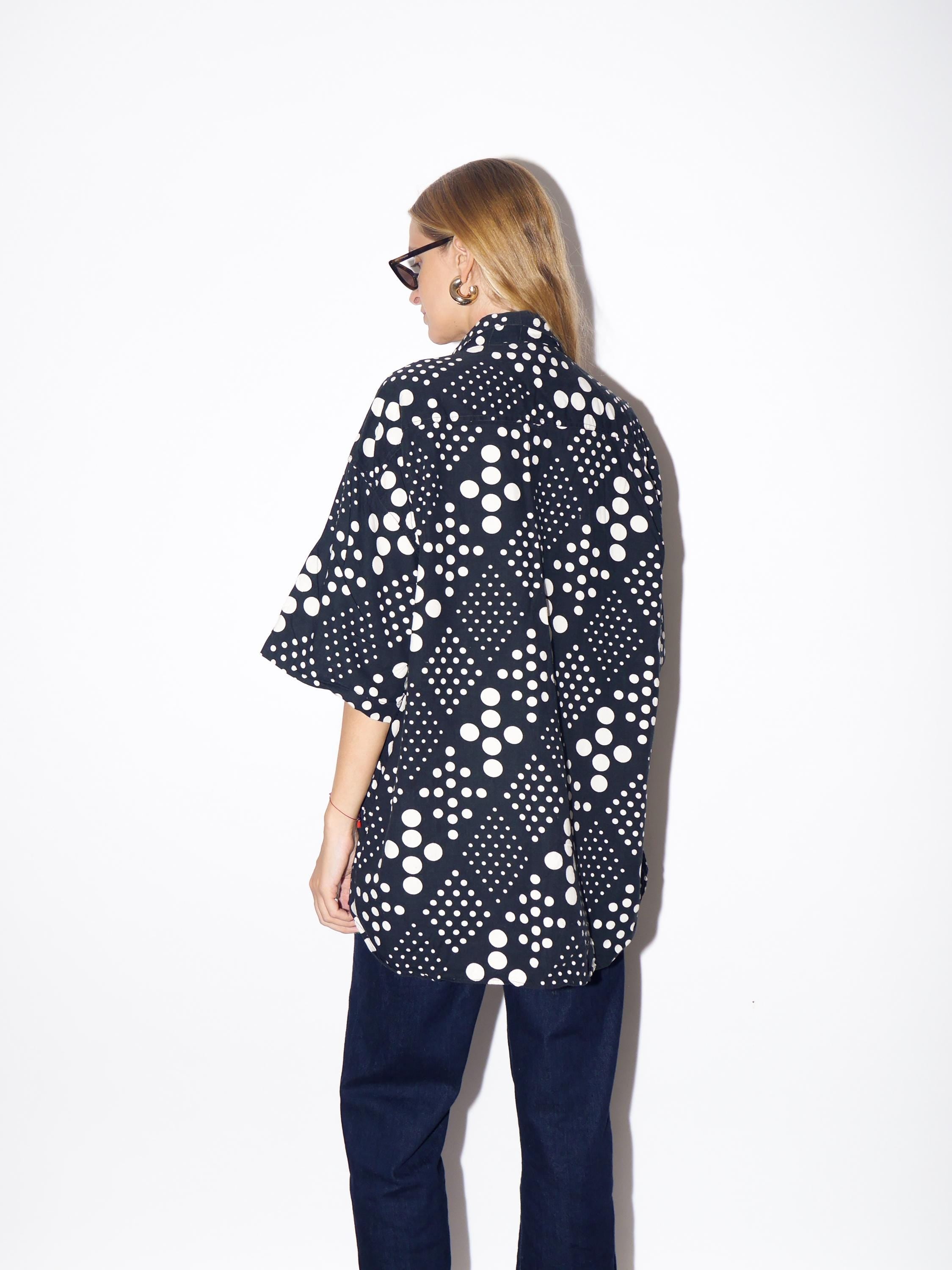 1980s Black Polka Dot Shirt - Vintage Oversize Short Sleeve Buttoned Shirt in Cotton Fabric, Retro Fashion Clothing for Women