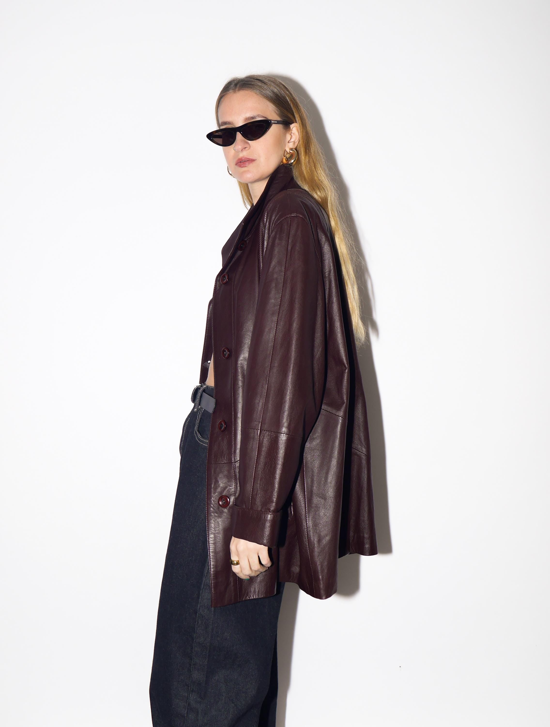 VINTAGE Burgundy Leather Jacket from 1990s | Dark Red Oversize Leather Jacket