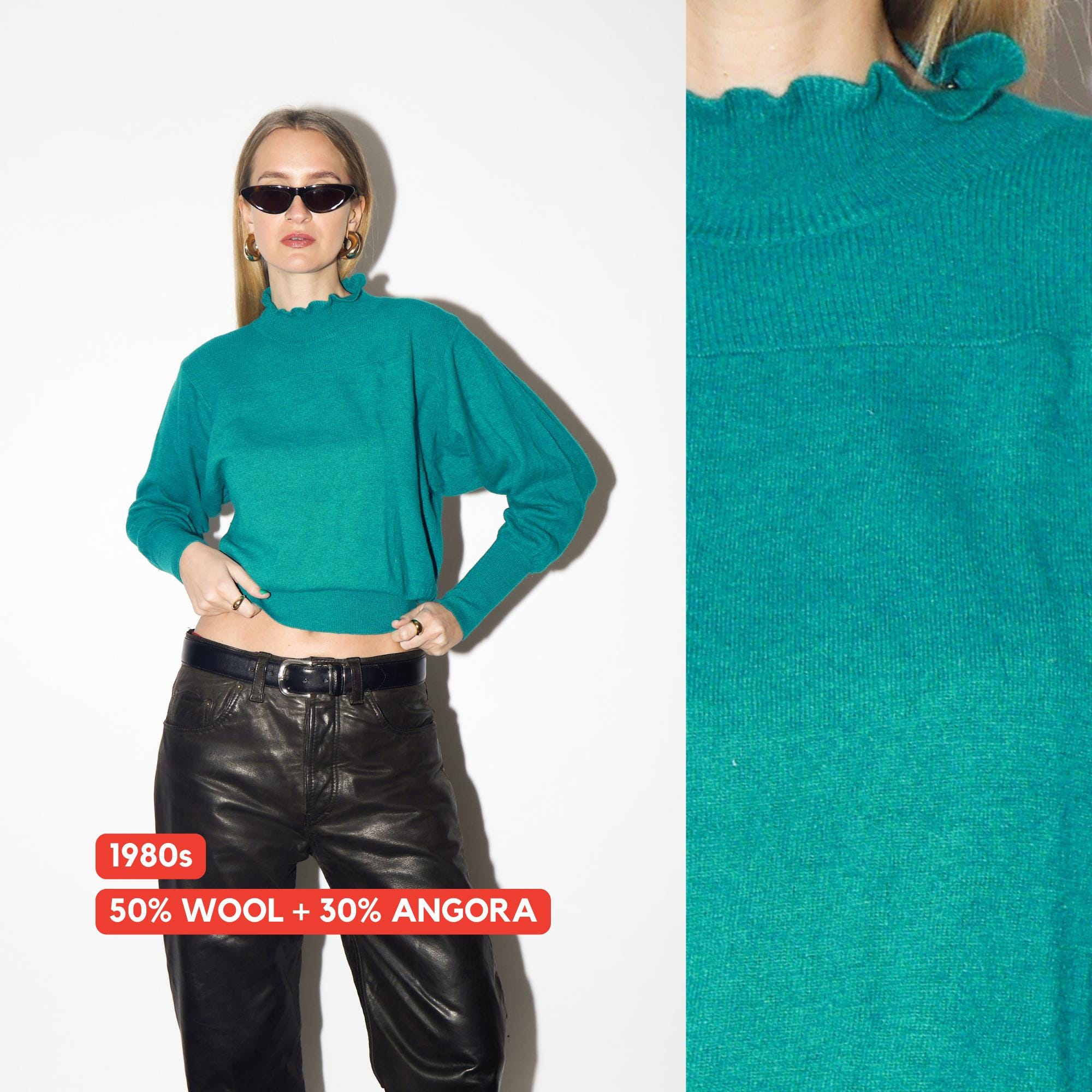 VINTAGE Wool and Angora Green Sweater from 1980s | Turtleneck Retro Warm Sweater