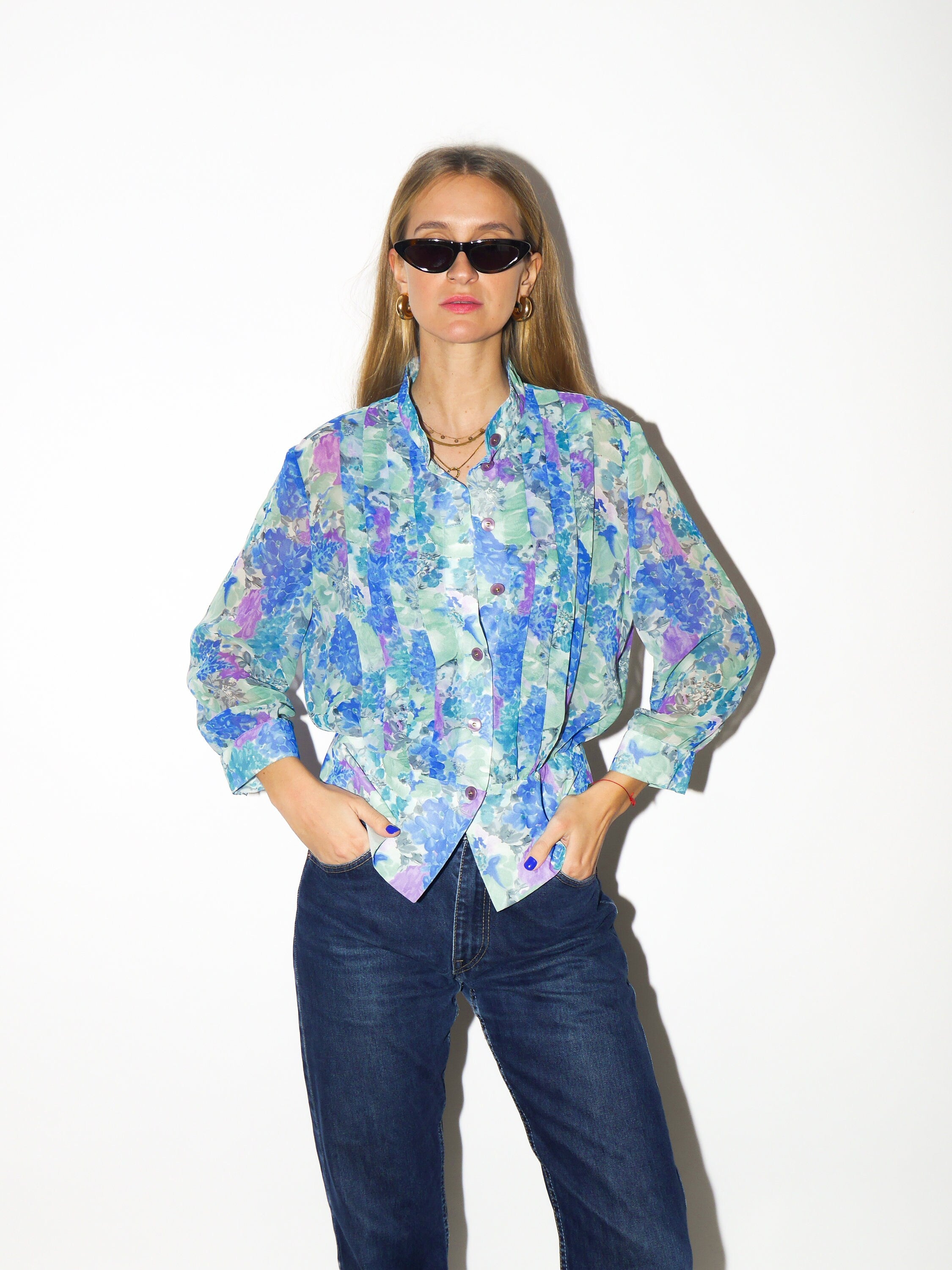 VINTAGE shirt 1980s | vintage peplum shirt | blue purple and green floral pattern shirt | semi sheer shirt | shirt with peplum | oversize