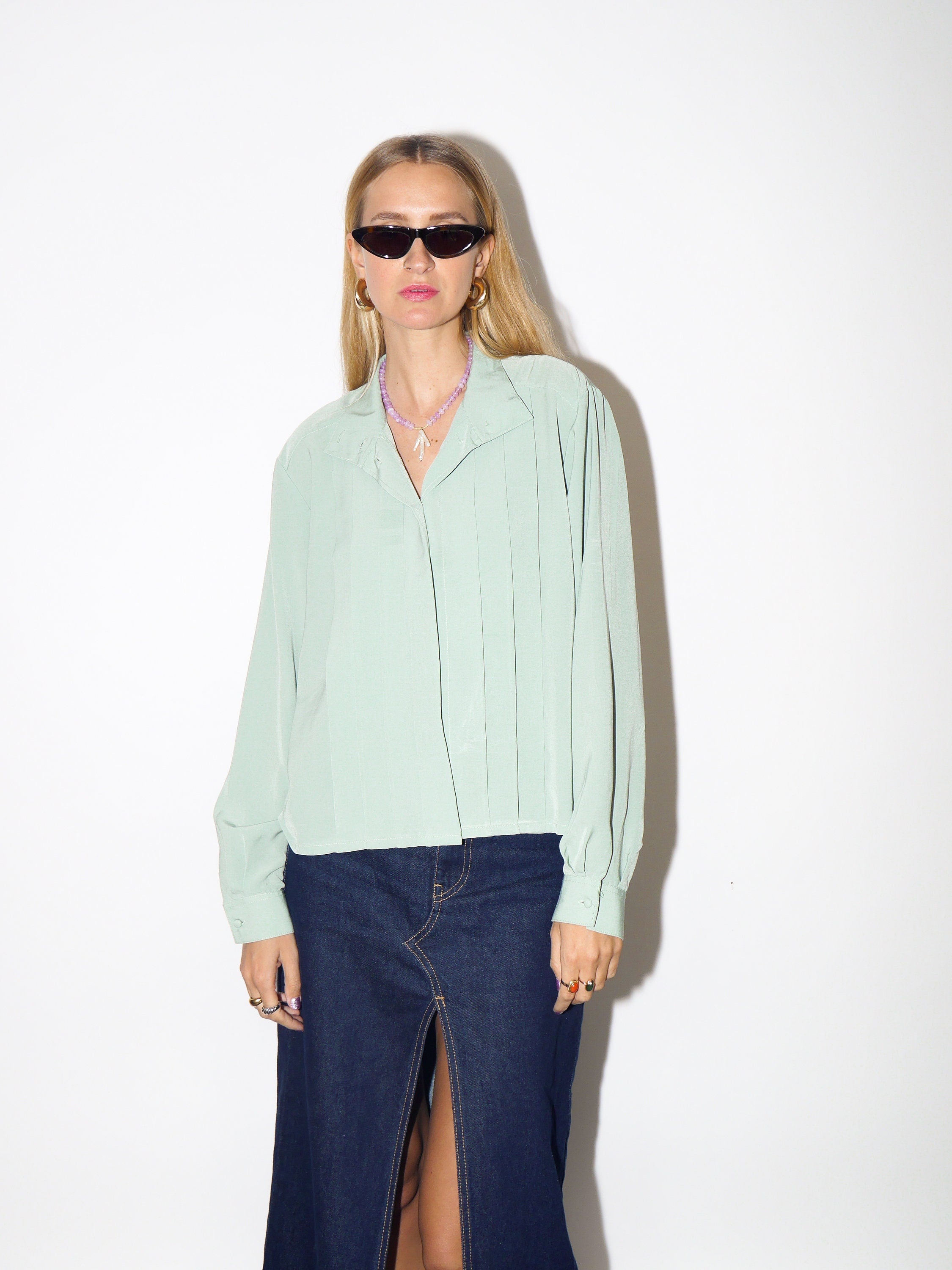 VINTAGE pastel green womens blouse with a stand-up collar and pleats at the front from 1980s | retro style