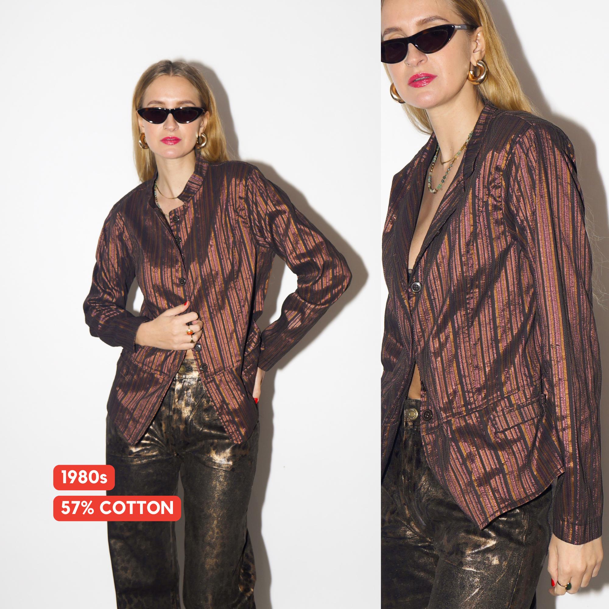 VINTAGE blazer in shiny striped brown cotton fabric from 1980s by JOY®