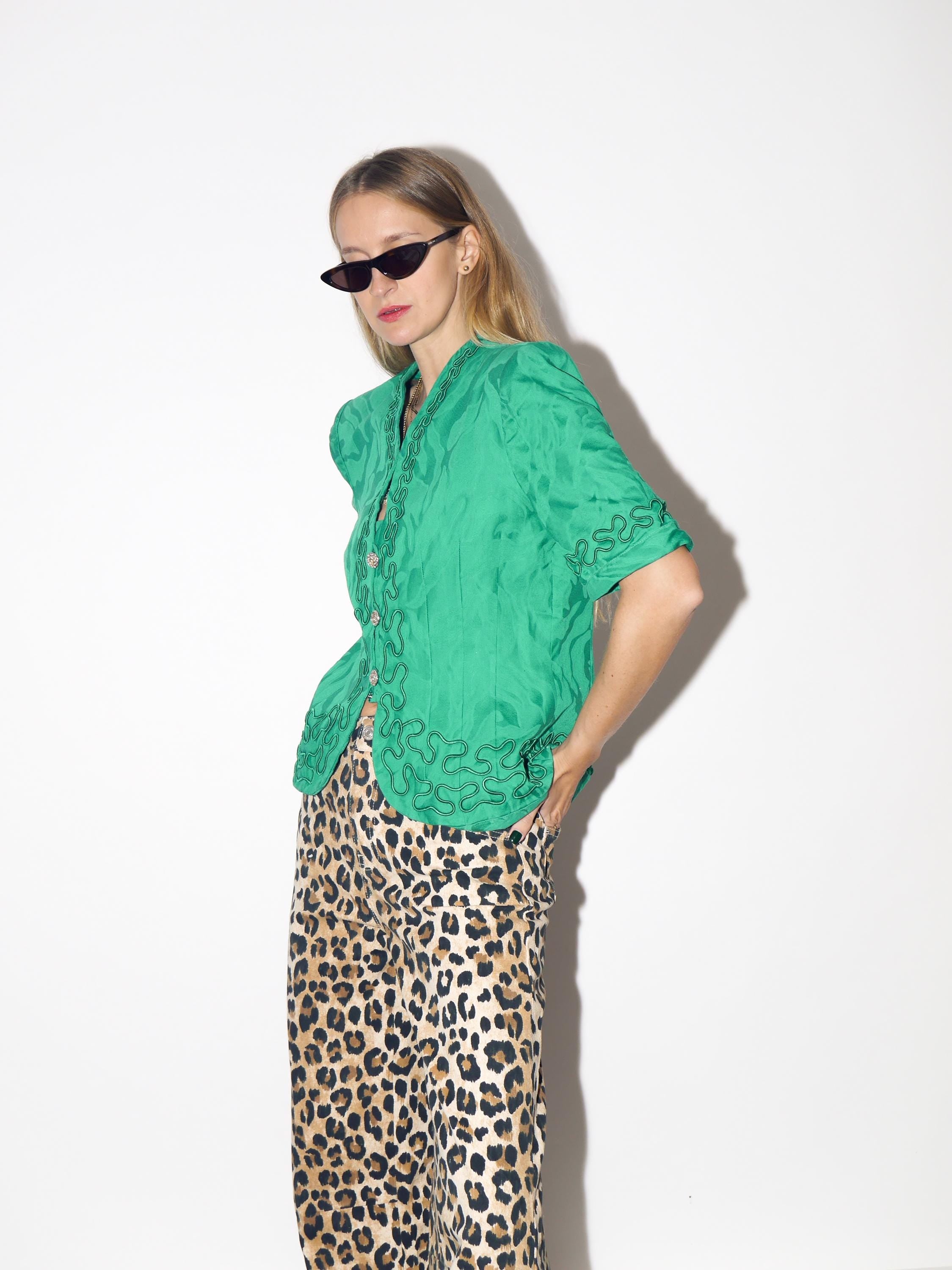 VINTAGE Green Short Sleeve Blouse With Silver Buttons From The 1980s