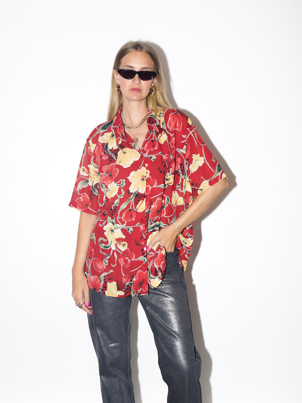 VINTAGE Red And Yellow Tulip Floral Sheer Short Sleeve Shirt Blouse From The 1990s By Basler