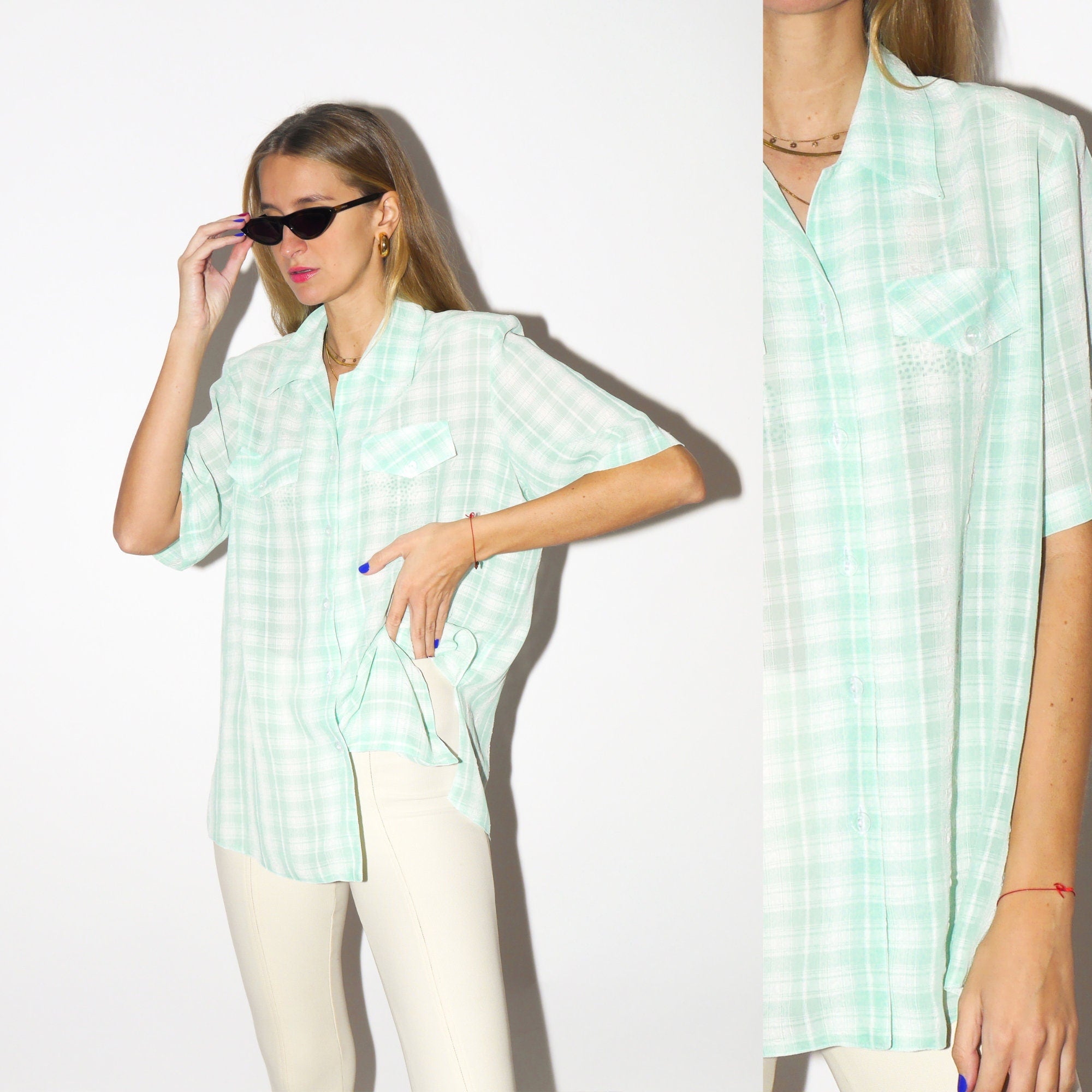 VINTAGE short sleeve shirt 1980s | Eva Styl unisex shirt with shoulder pads in green and white check pattern | retro oversize unisex shirt