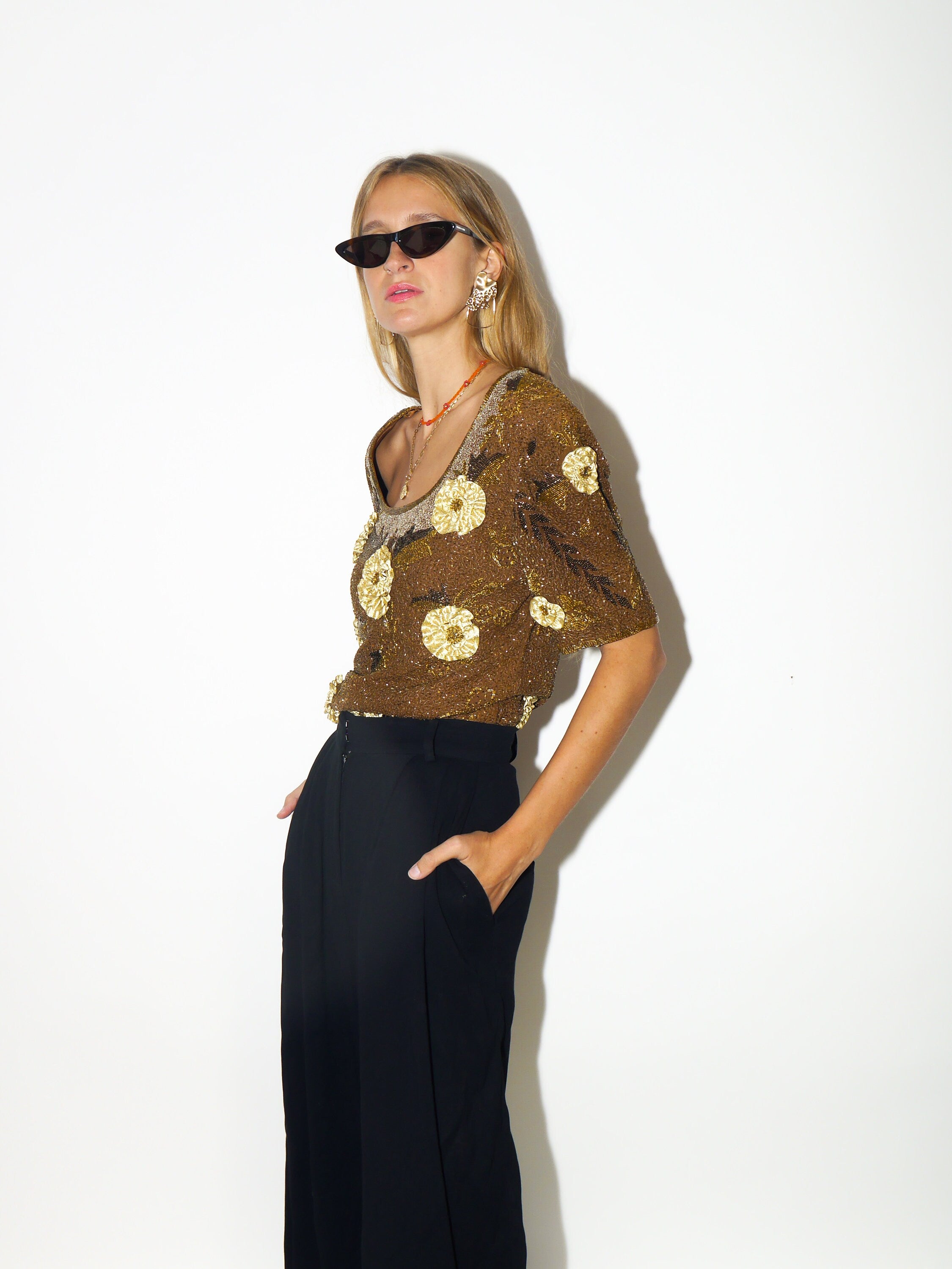 VINTAGE Silk top 1980s | Serenade vintage blouse | unique Silk blouse | retro Silk blouse | gold Silk top | vintage top with sequins
