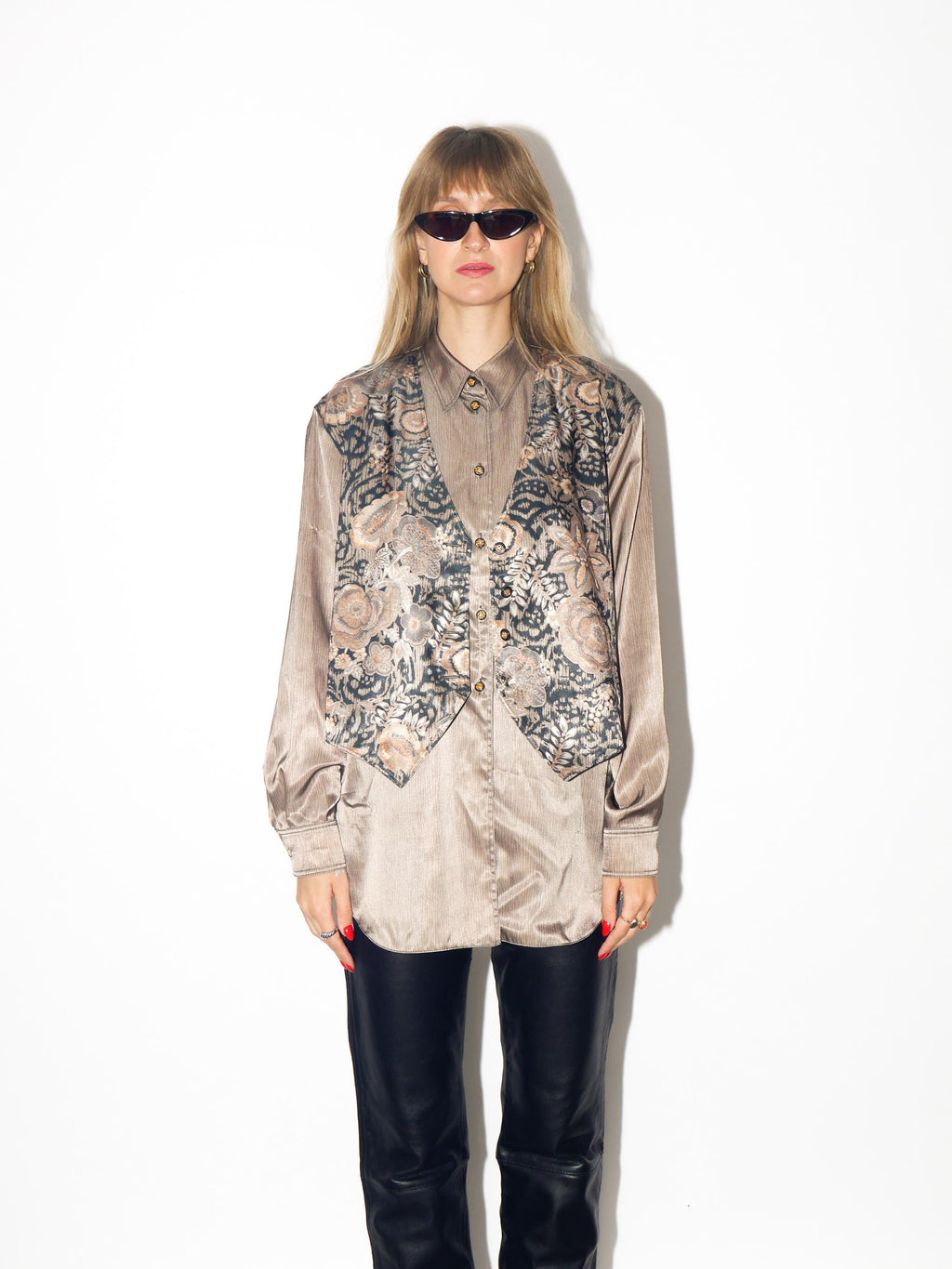 VINTAGE Khaki Gold Floral Animal Print Long Sleeve Blouse From The 1980s By Erfv