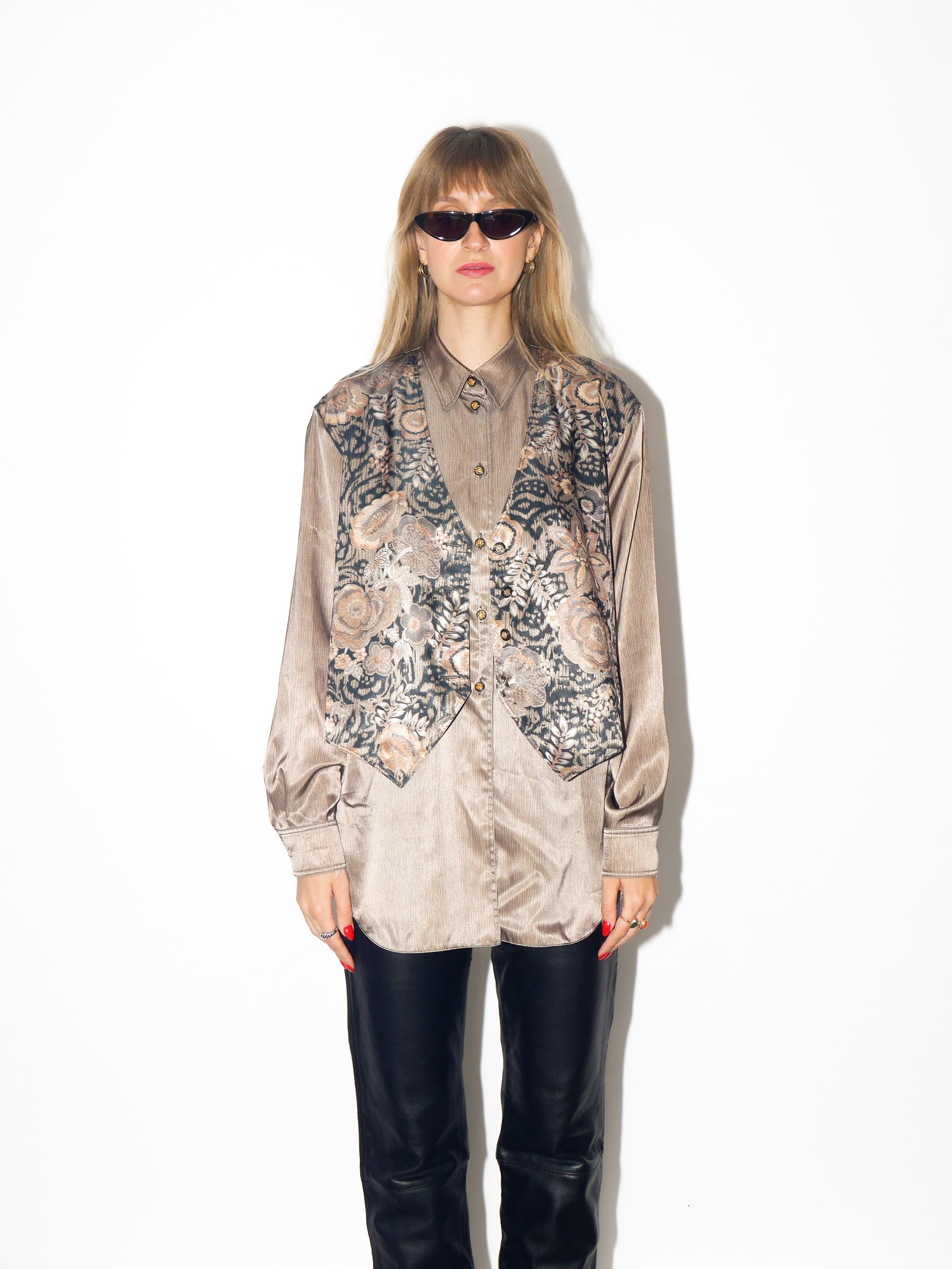 VINTAGE Khaki Gold Floral Animal Print Long Sleeve Blouse From The 1980s By Erfv