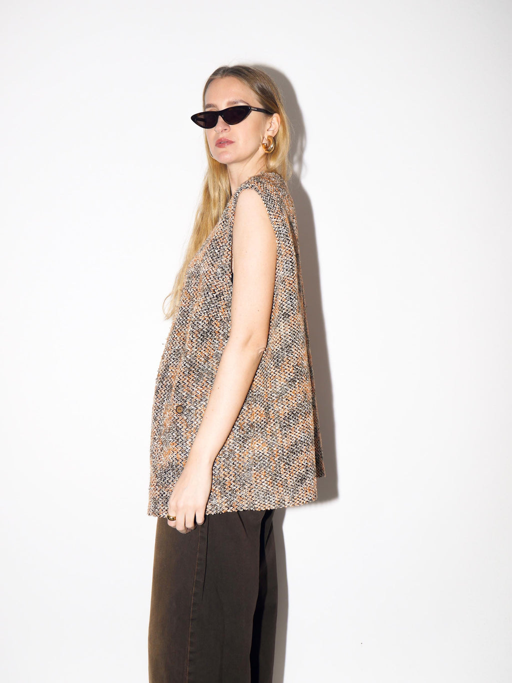 VINTAGE Knitted Boucle Vest from 1980s in Orange and Black with Cotton