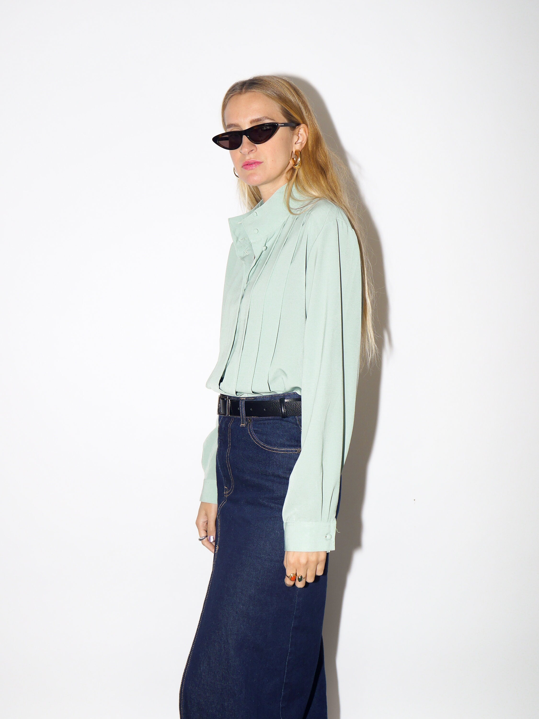 VINTAGE pastel green womens blouse with a stand-up collar and pleats at the front from 1980s | retro style