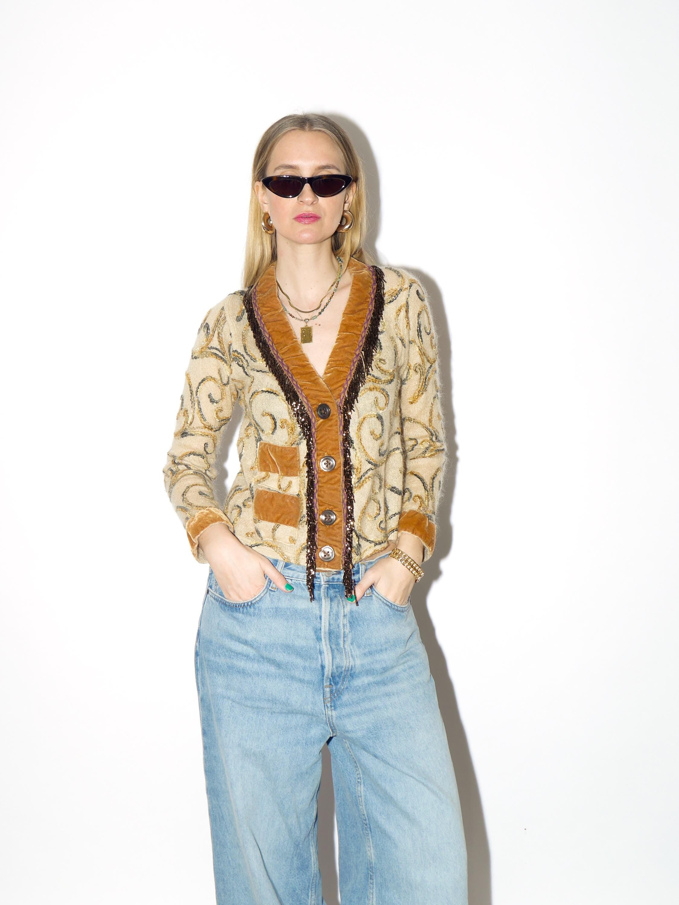 VINTAGE beige mohair cardigan from 1990s with bead embroidery, velvet elements
