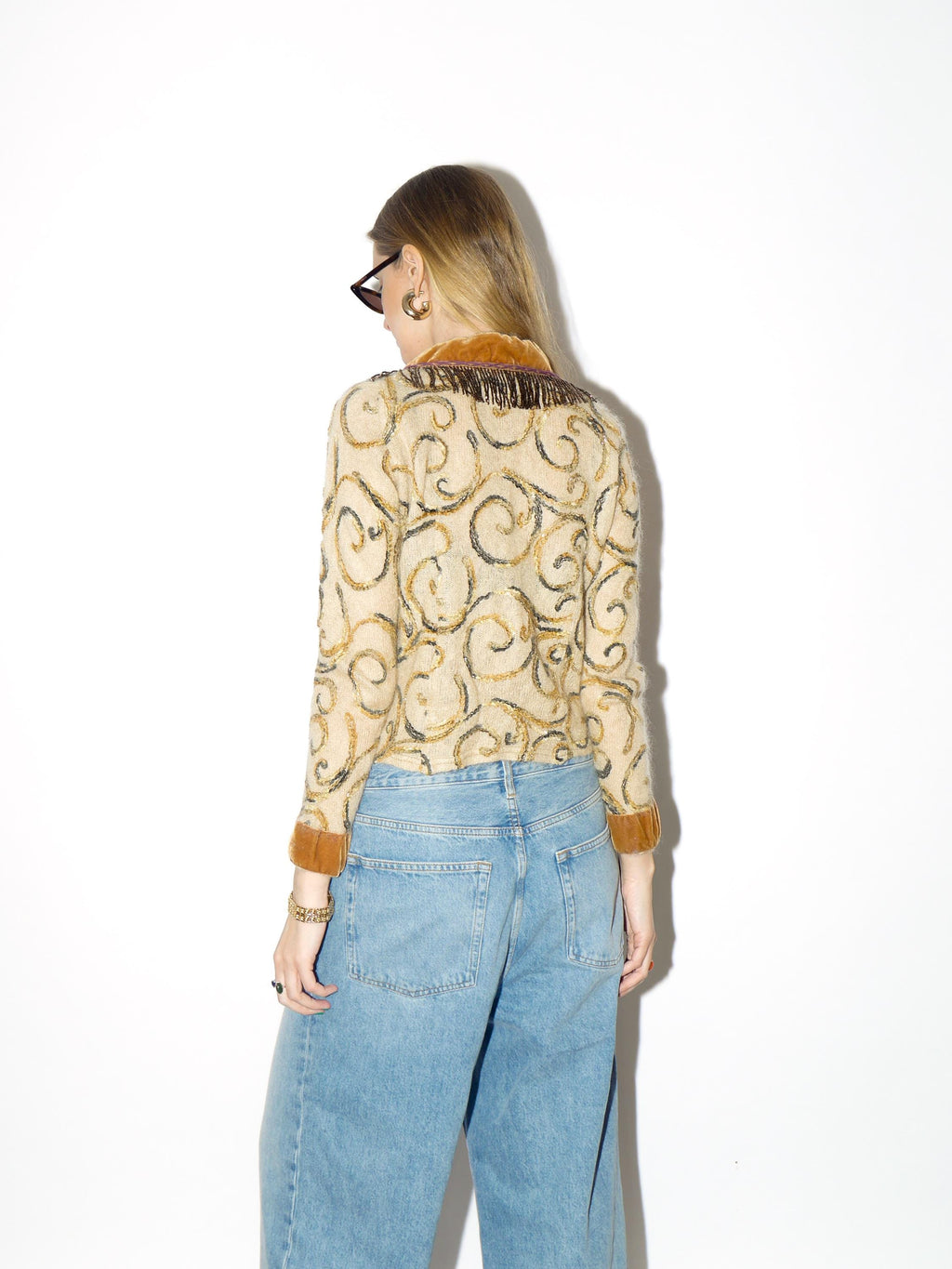 VINTAGE beige mohair cardigan from 1990s with bead embroidery, velvet elements
