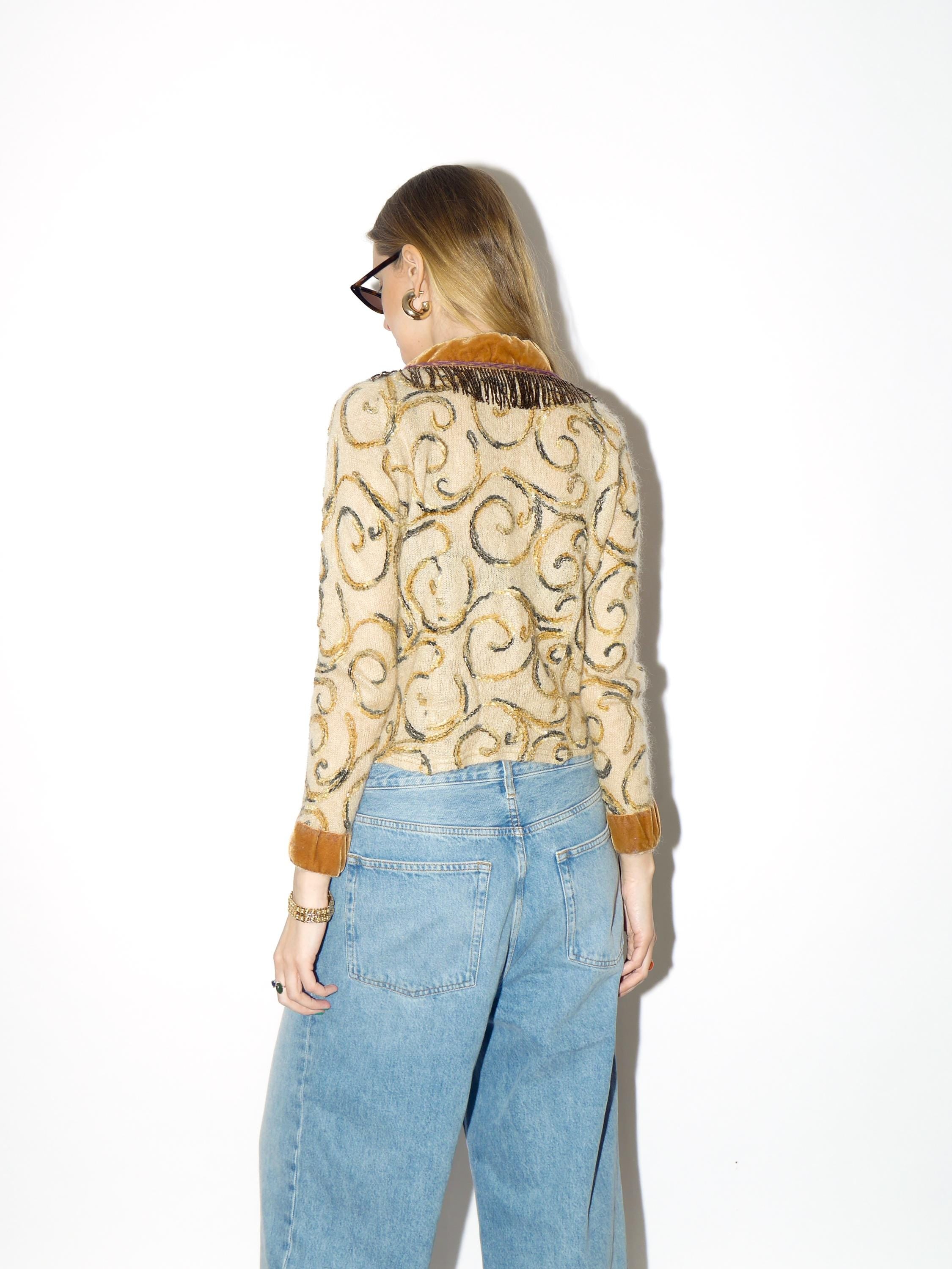 VINTAGE beige mohair cardigan from 1990s with bead embroidery, velvet elements