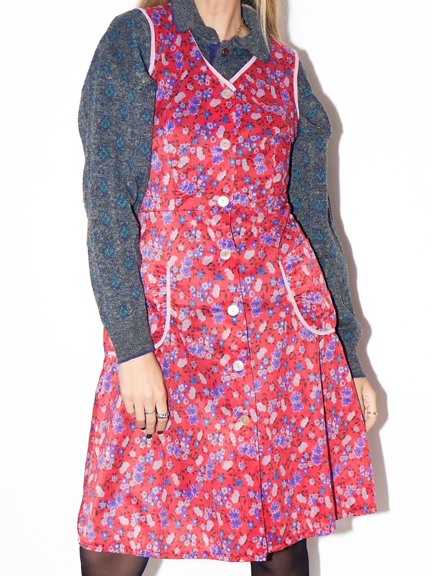 VINTAGE White And Coral Red Floral Sleeveless Button-Down Handmade Dress From The 1980s