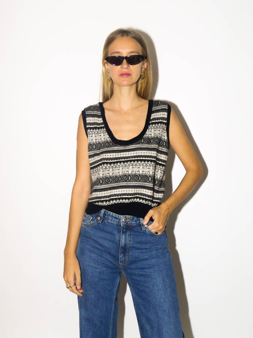 VINTAGE wool, silk & cashmere vest | pullover vest in black and white sweater pattern | oversize | knitted vest | cashmere vest | modopol