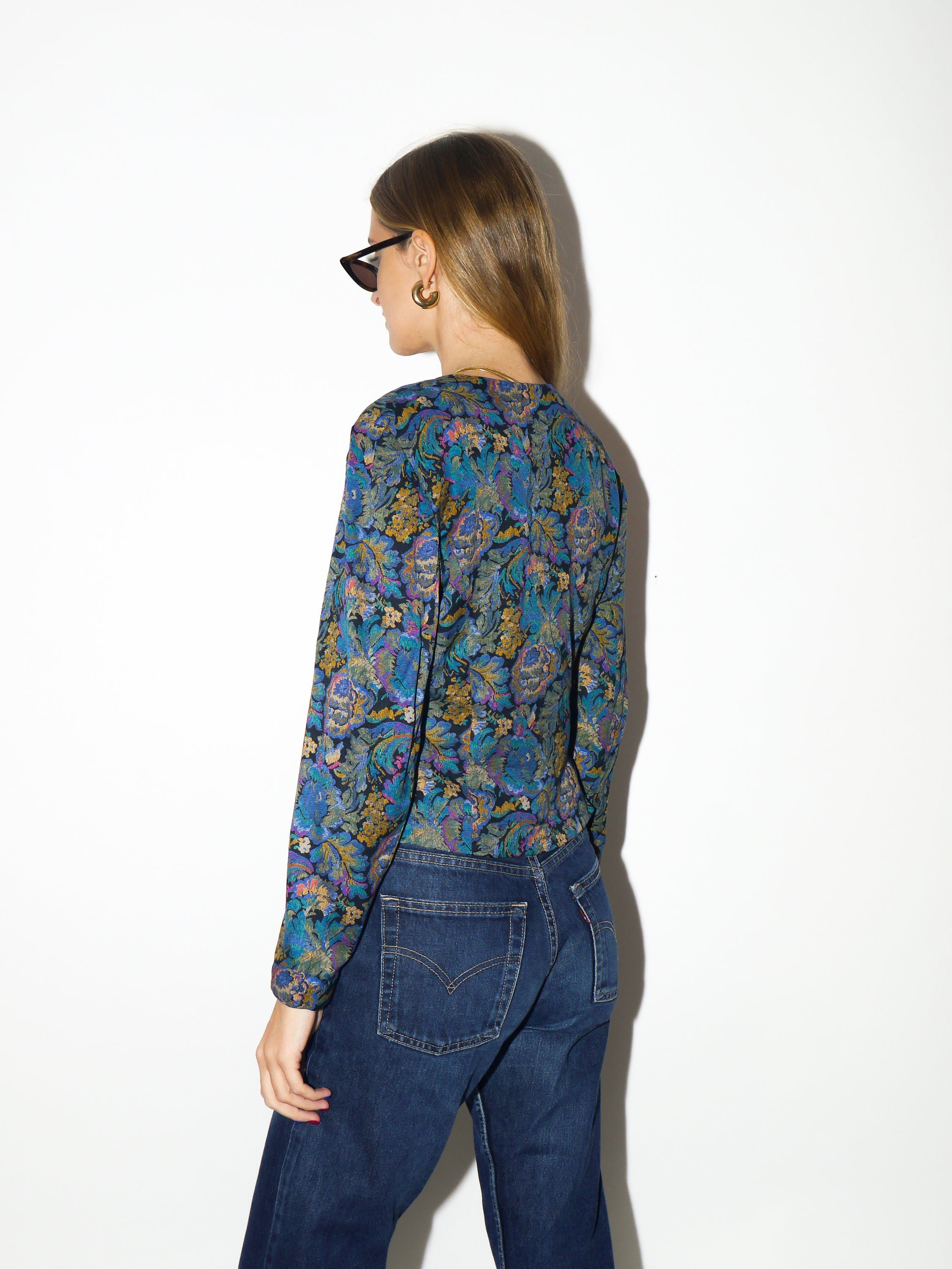 VINTAGE shirt 1980s | Topsi jacquard heart shaped neck blouse | vintage blue and yellow floral top | premium vintage blouse