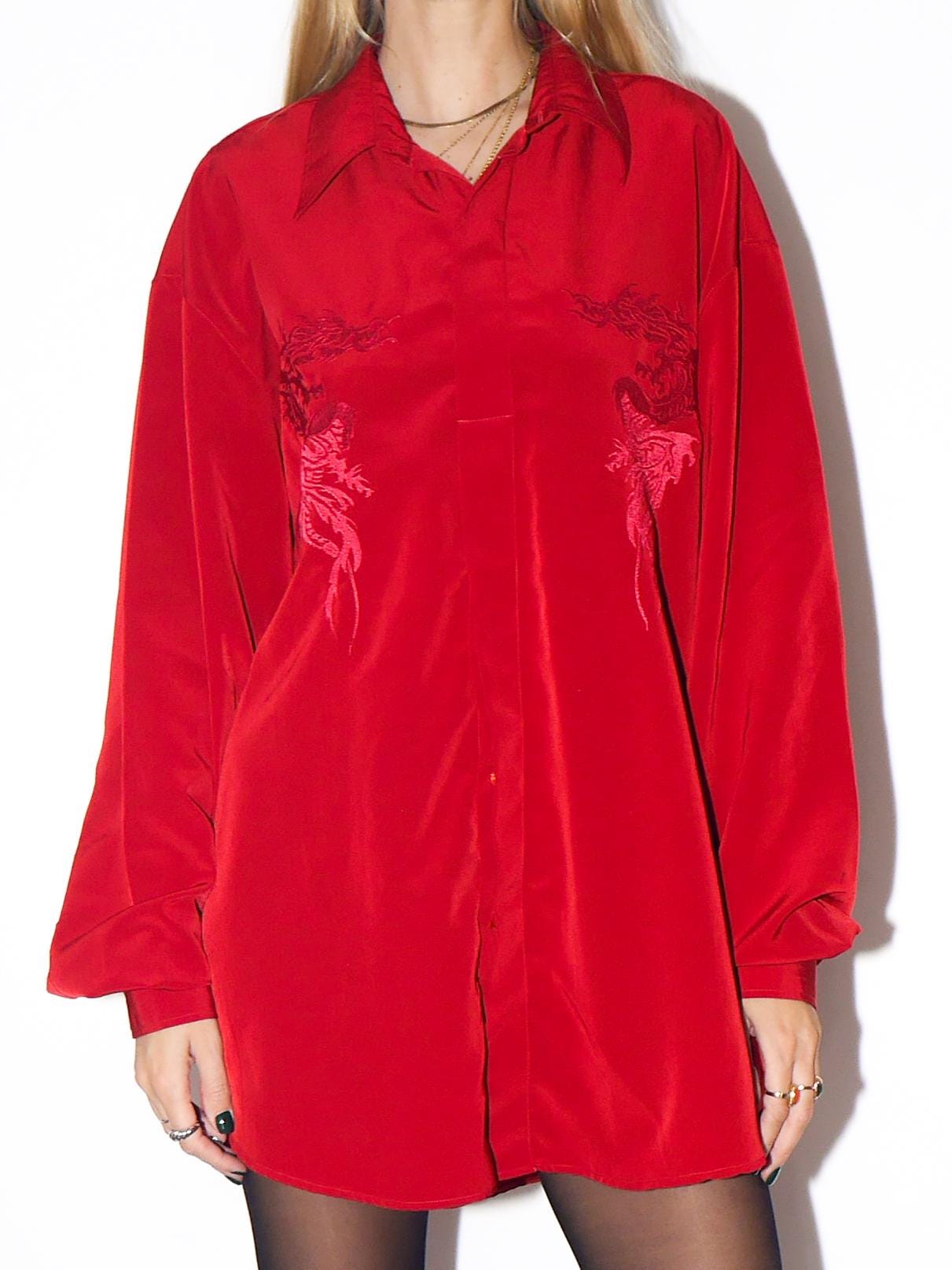 VINTAGE Red Burgundy Dragon Embroidered Oversized Long Sleeve Blouse From The 1980s By Nero Collezione