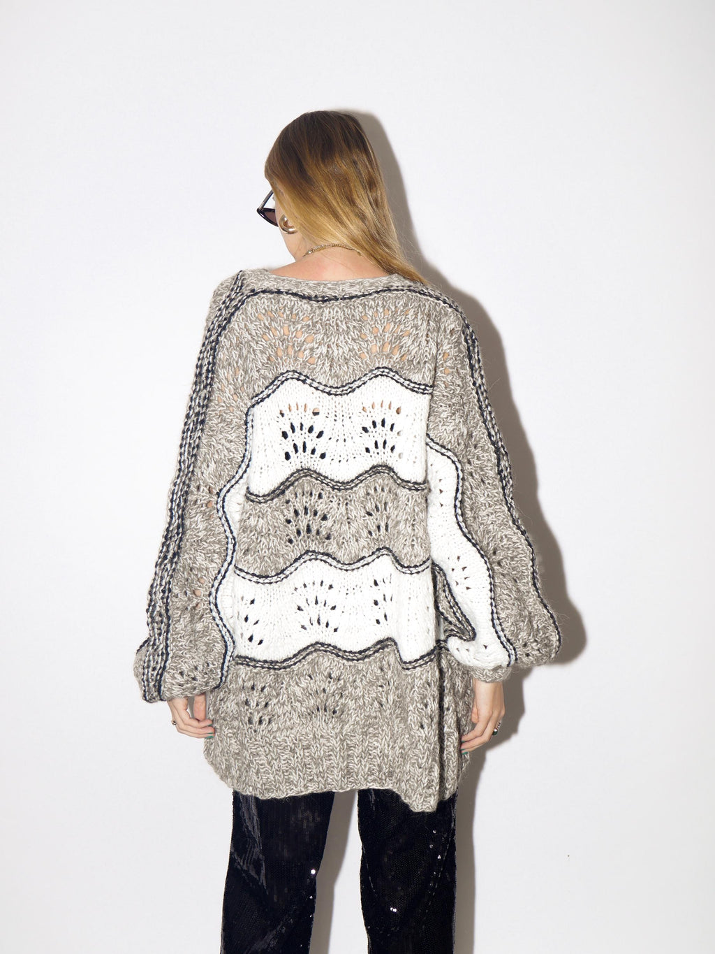 VINTAGE wool handmade sweater from 1980s | handmade white and grey long cardigan