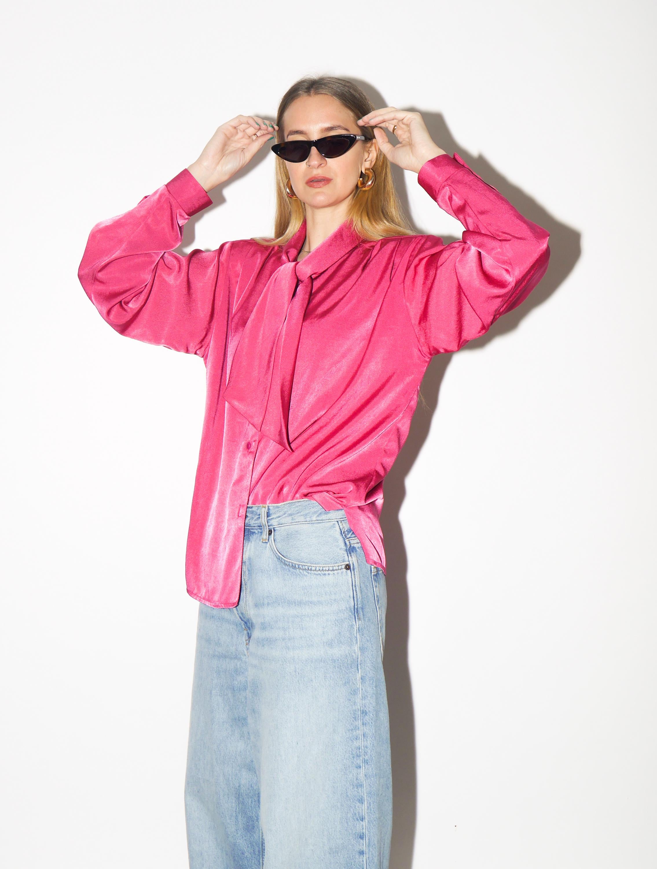 VINTAGE Pink Blouse from 1980s | Deep Pink Shiny Oversize Shirt by Anne Sofie®