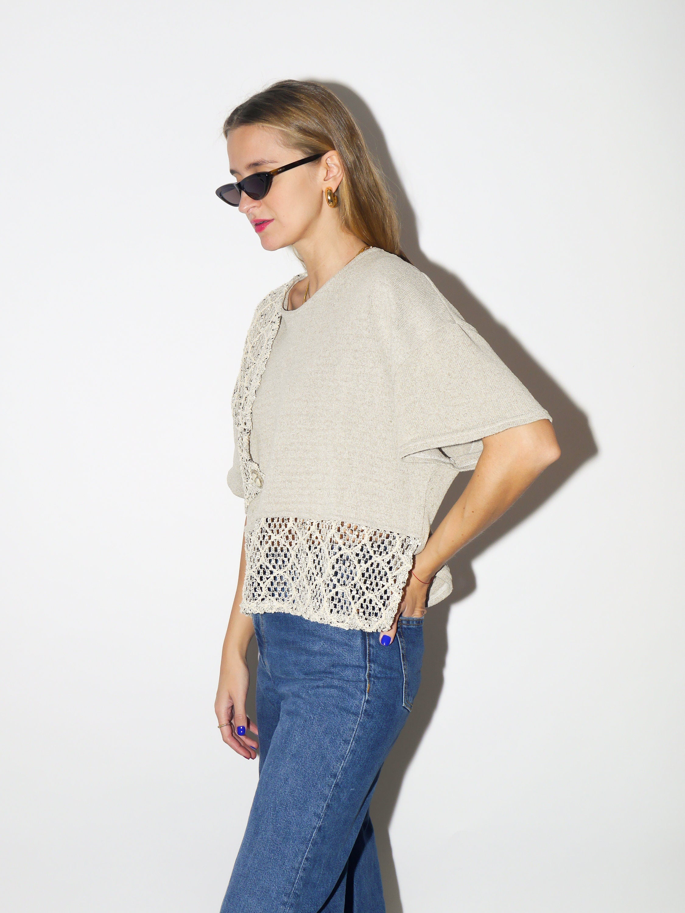 VINTAGE Lulu Paris sweater 1980s | beige crop oversize sweater | stylish short sleeve khaki sweater with openwork details
