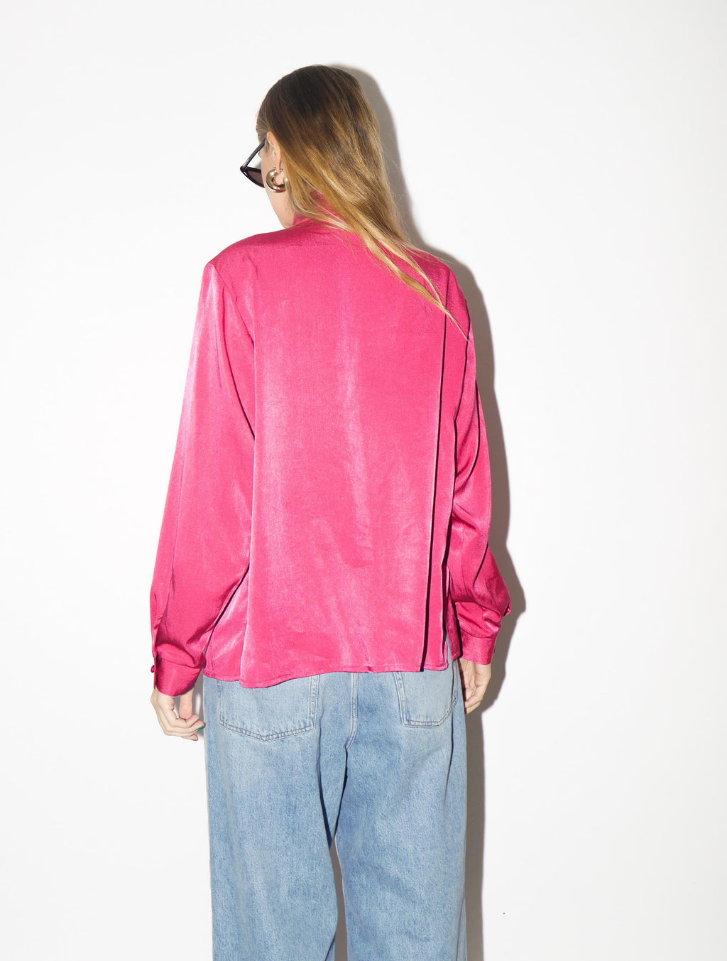 VINTAGE Pink Blouse from 1980s | Deep Pink Shiny Oversize Shirt by Anne Sofie®