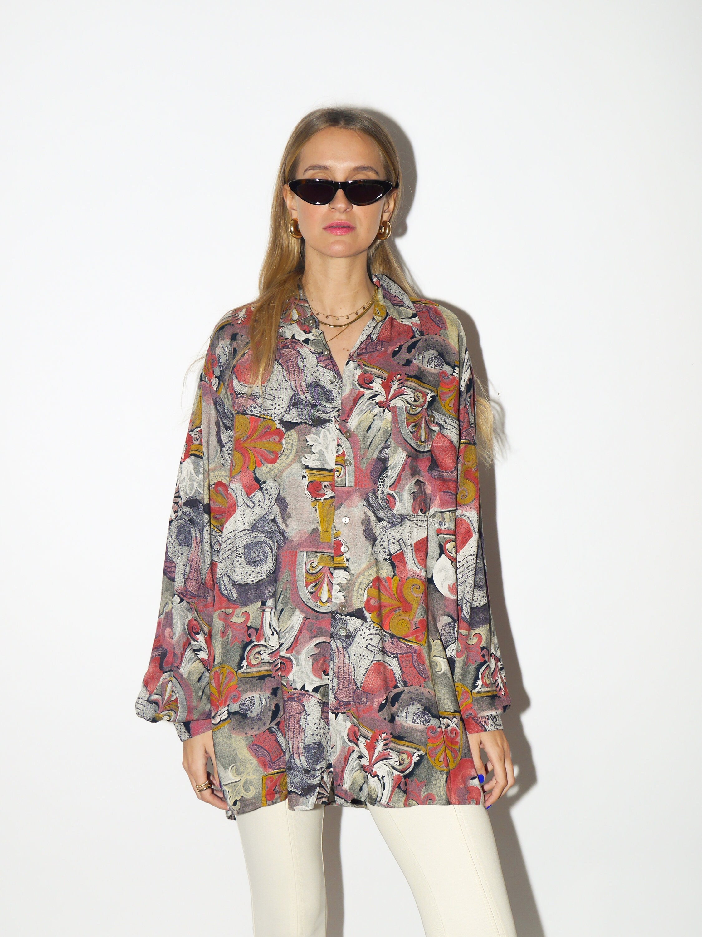 VINTAGE shirt 1980s | Viscose shirt | Wold Traveller Goldress vintage shirt | colorful shirt | retro oversize shirt | abstract pattern