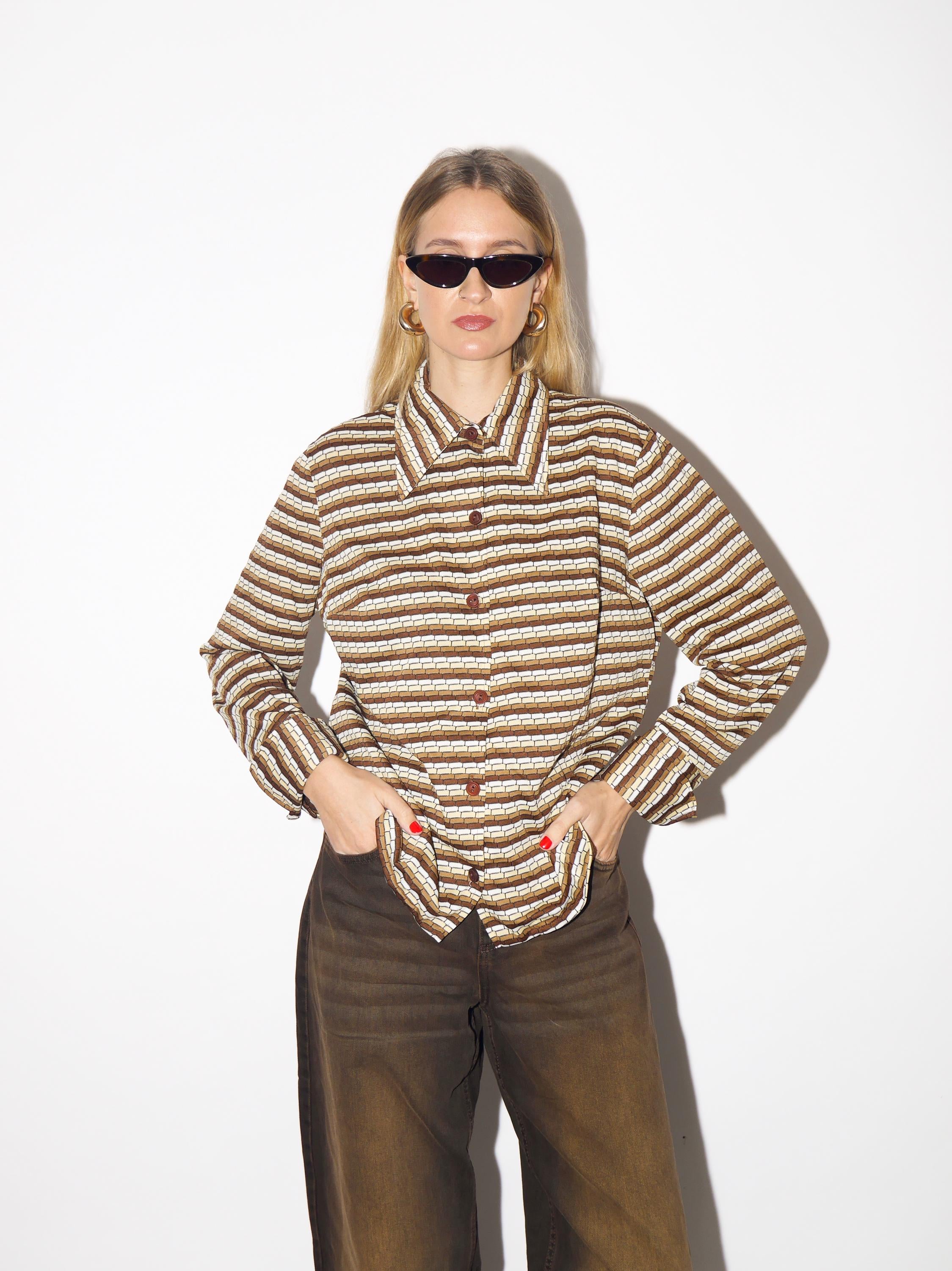 VINTAGE blouse from 1970s with statement collar in beige brown stripes by Apart®