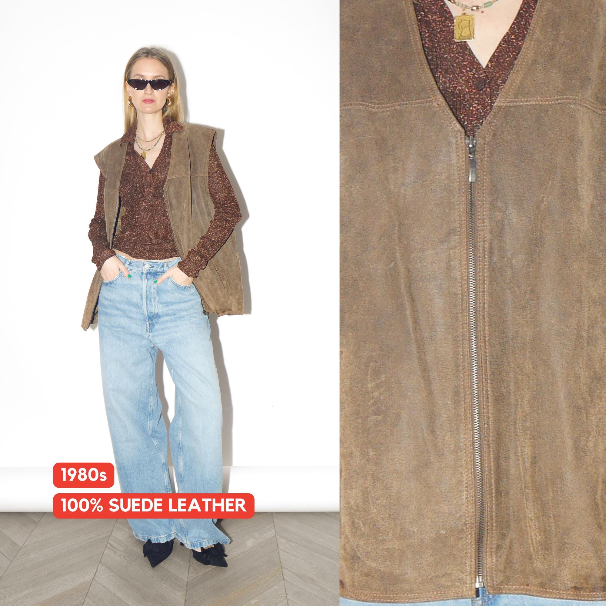 VINTAGE Khaki Suede Vest from 1980s | Big Oversize Beige Leather Vest by Canada®