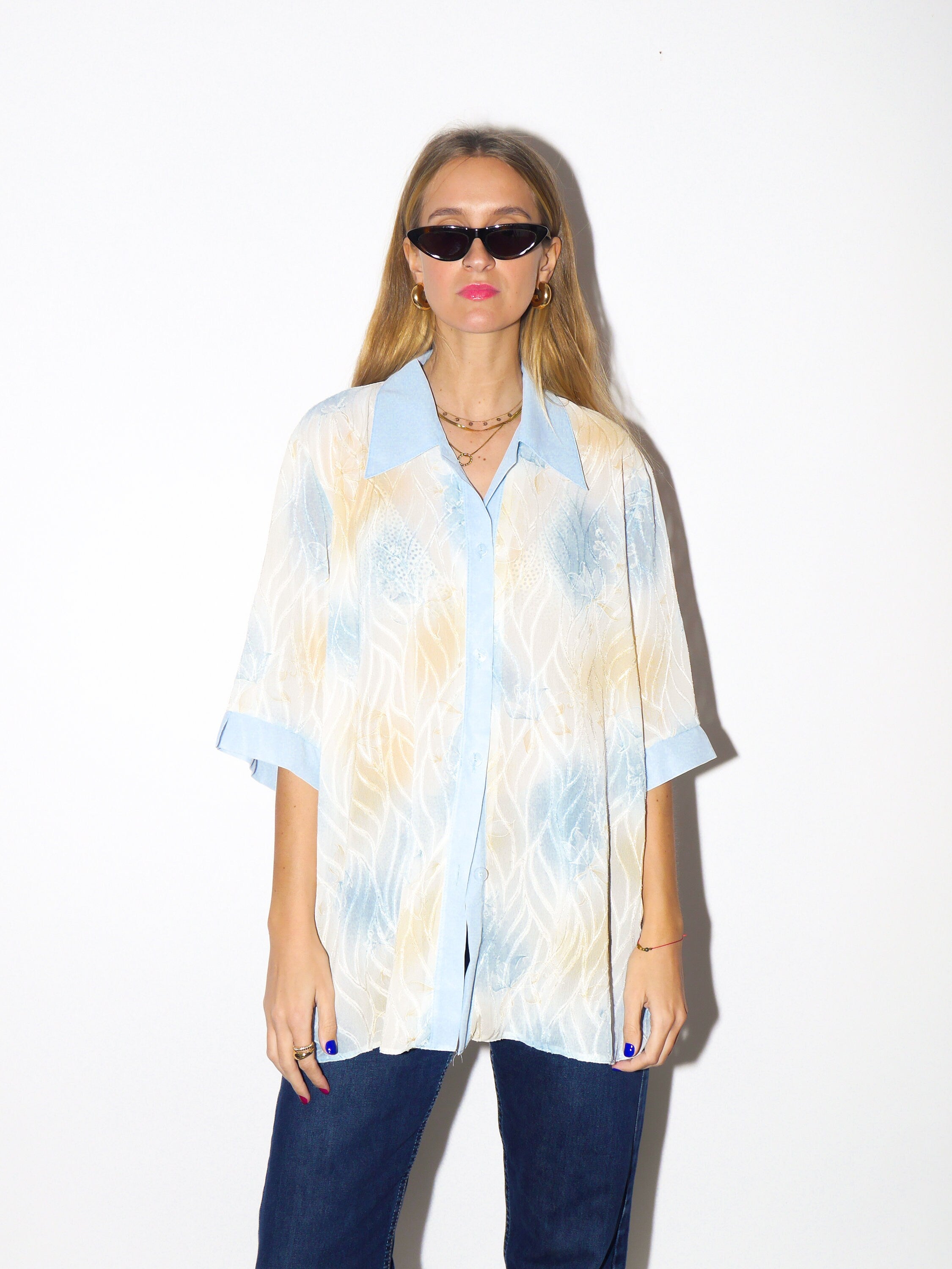 VINTAGE 100% Viscose short sleeve oversize shirt 1980s | unisex blue and yellow vintage shirt | super unique retro shirt