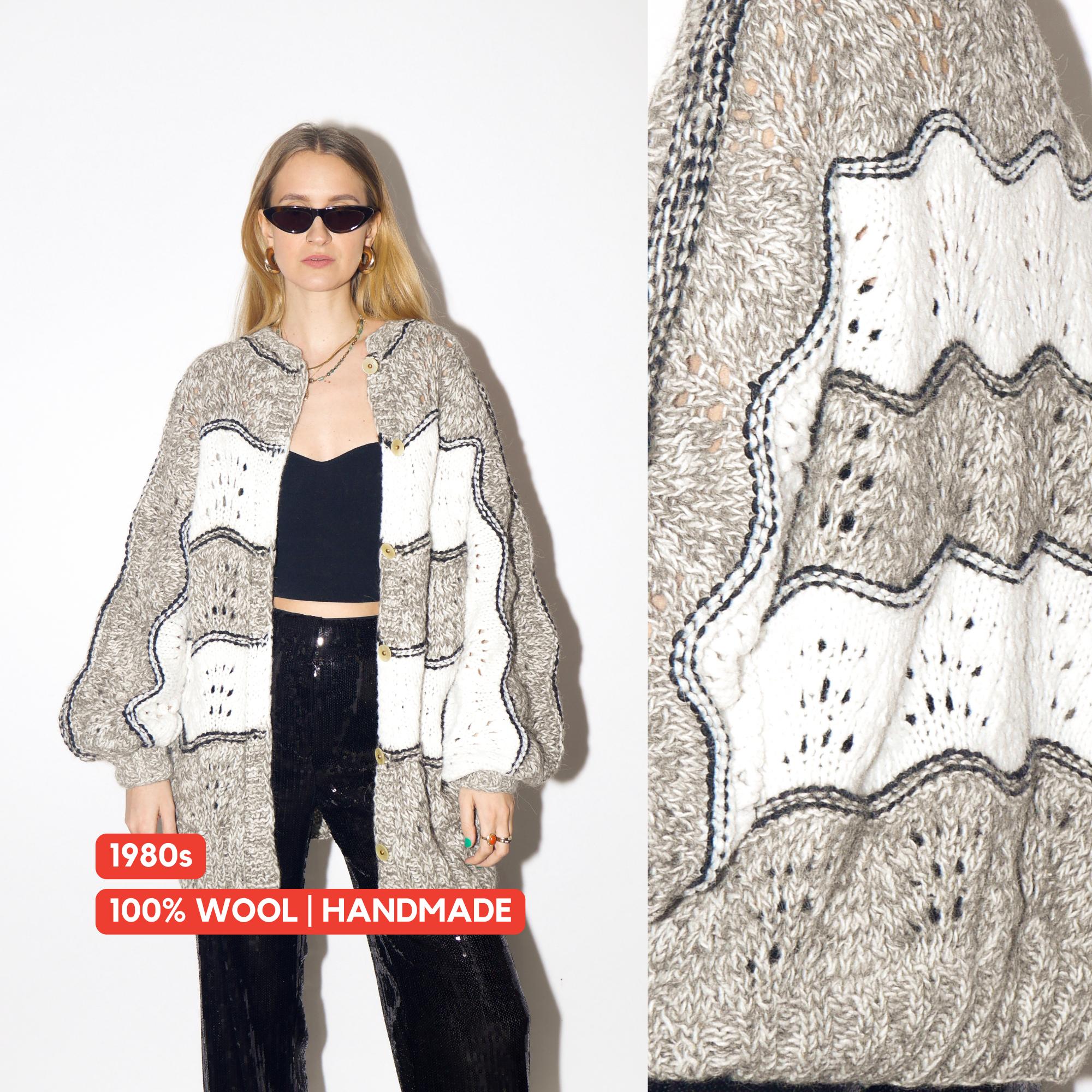 VINTAGE wool handmade sweater from 1980s | handmade white and grey long cardigan