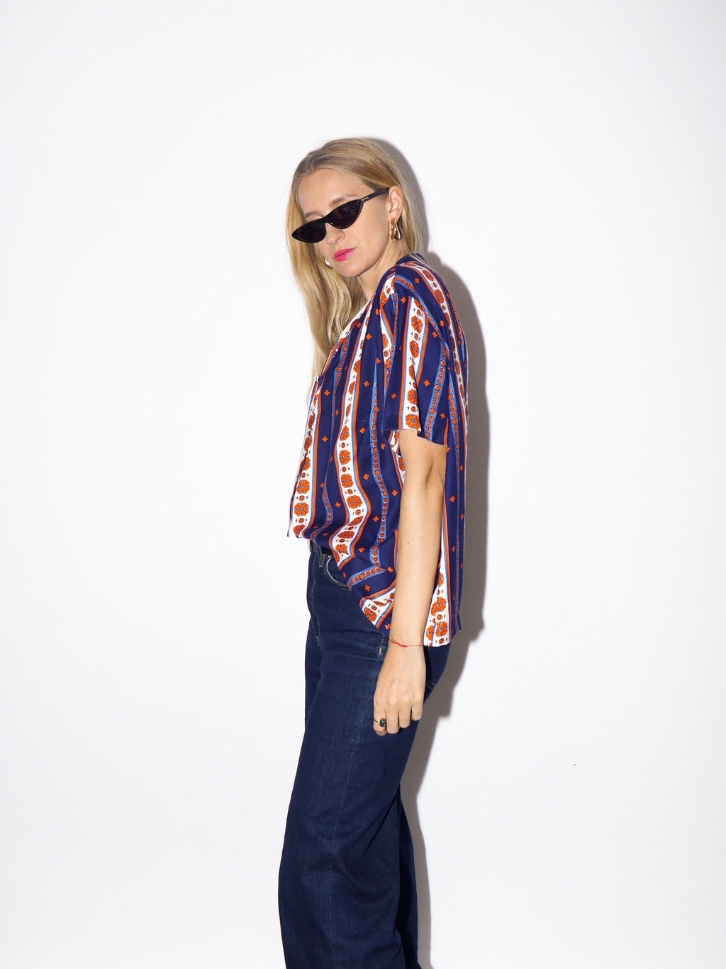 1970s Striped Blouse - Vintage Navy/Orange/White Vertical Striped Handmade Shirt with Folk Print and Front Bow, Retro Short Sleeve Blouse