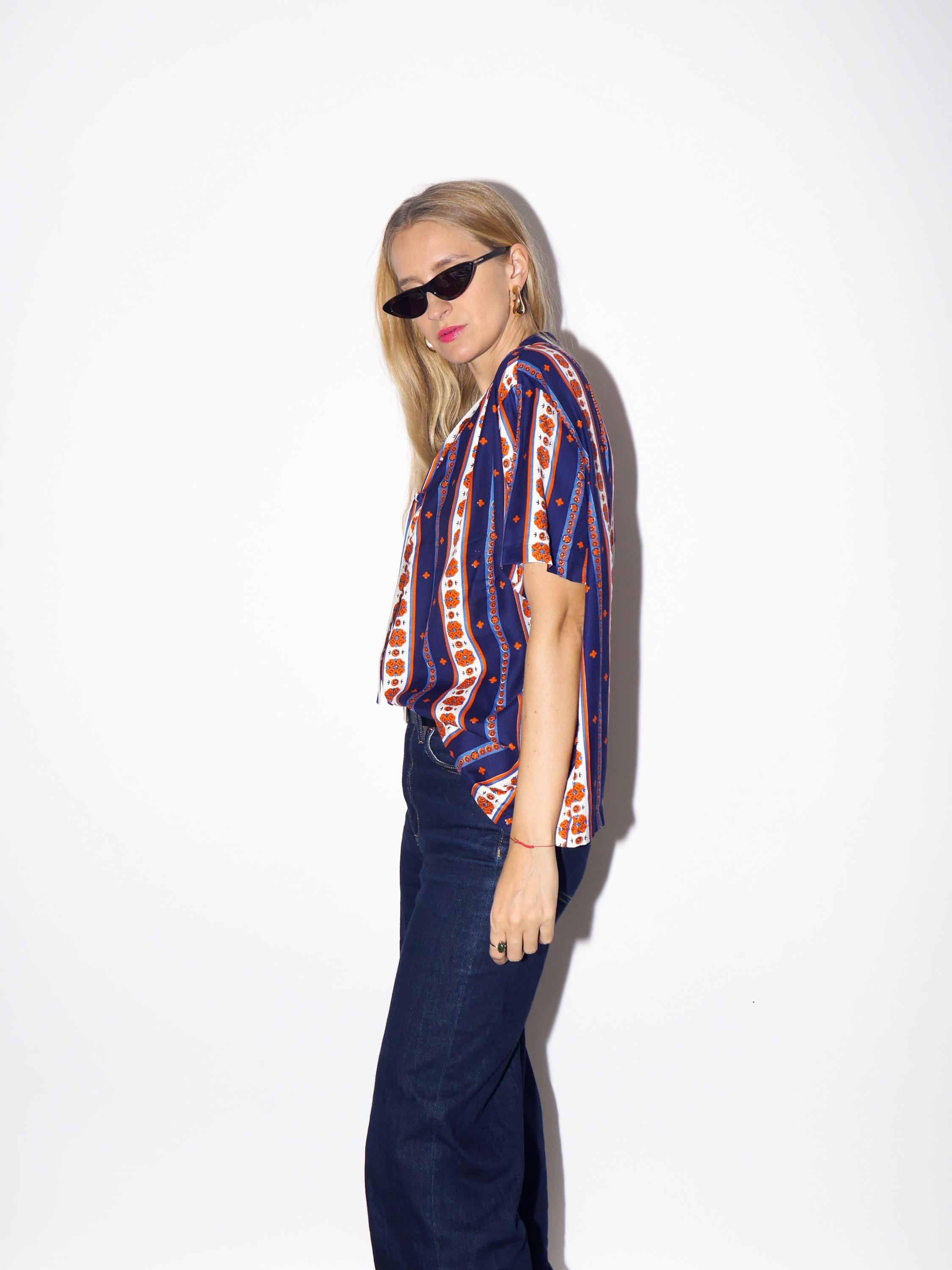 1970s Striped Blouse - Vintage Navy/Orange/White Vertical Striped Handmade Shirt with Folk Print and Front Bow, Retro Short Sleeve Blouse