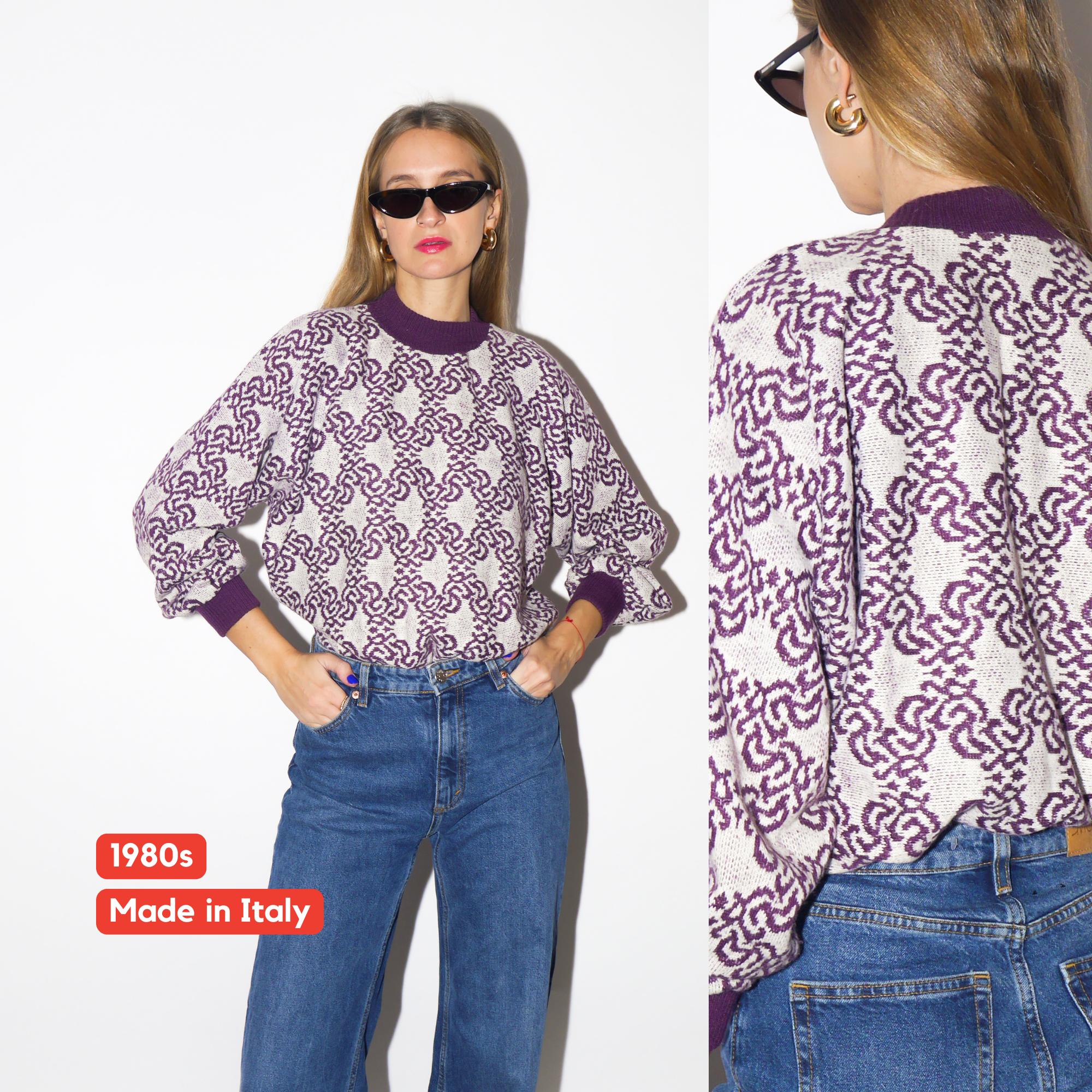 VINTAGE Italian sweater 1980s | purple and white pattern pullover sweater | vintage warm pullover knitwear | retro sweater