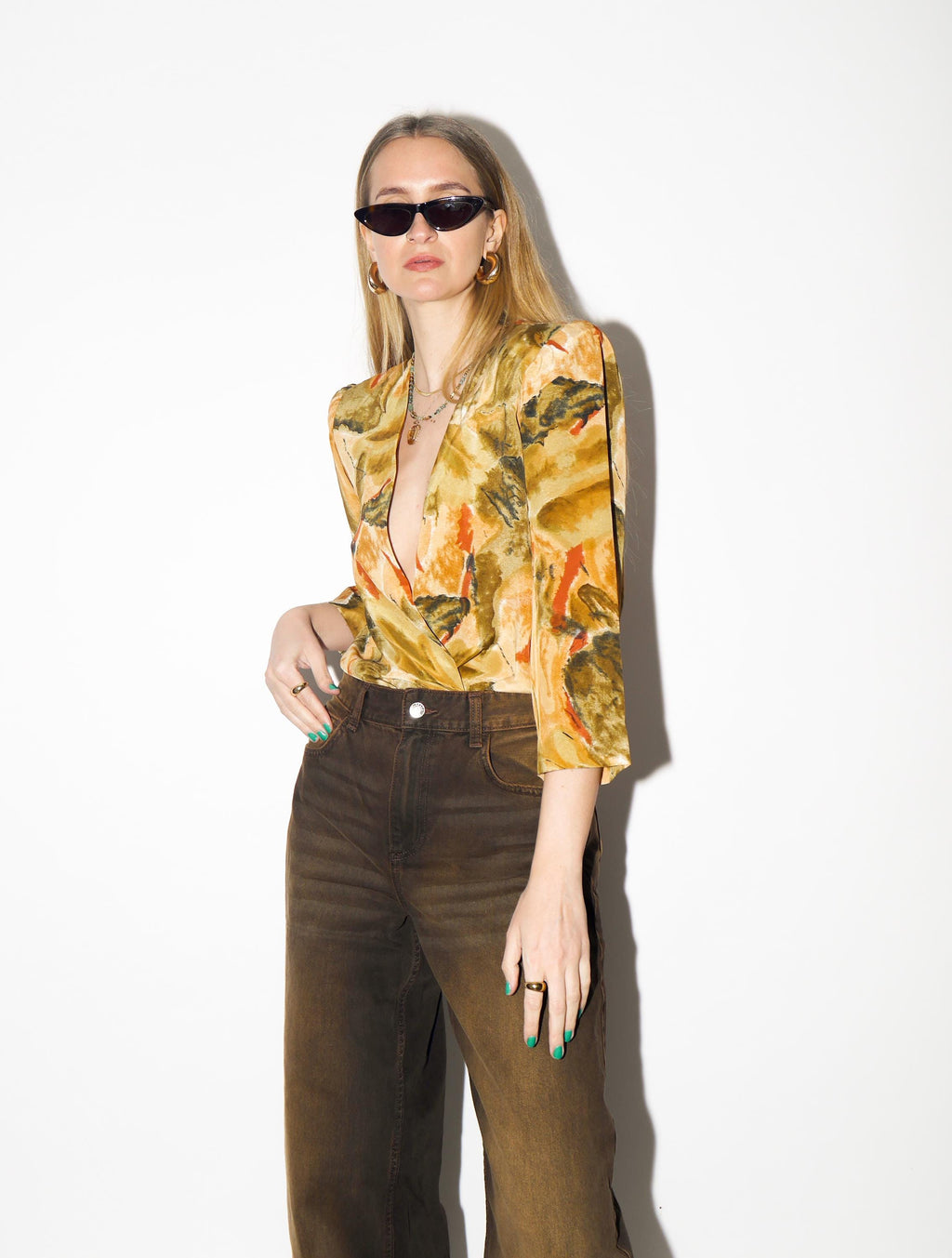 VINTAGE Yellow Abstract Blouse from 1980s | Open Front Flowy Orange Blouse