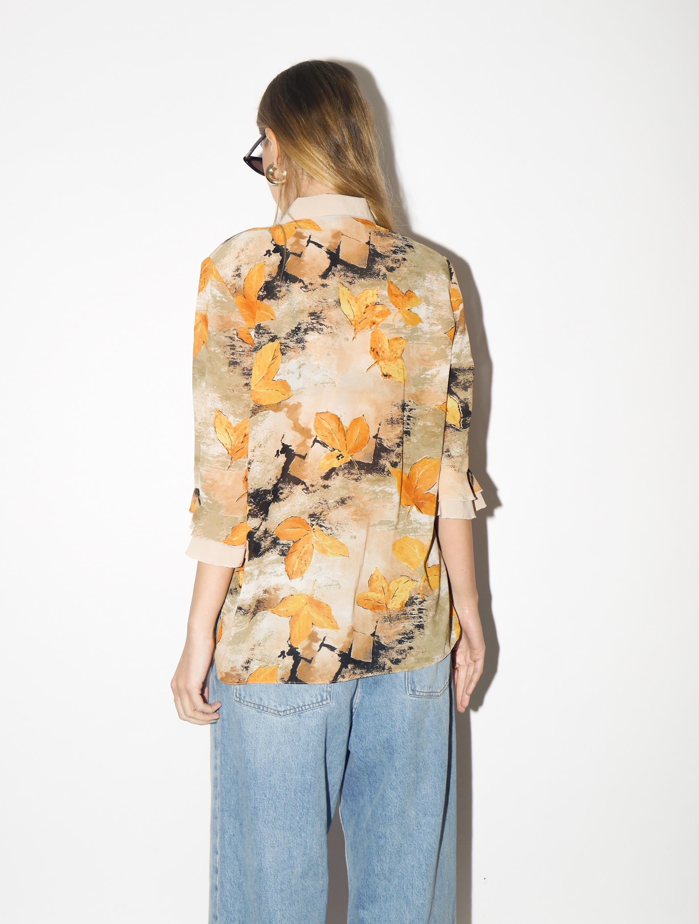 VINTAGE Beige & Yellow Leaf Print Blouse from 1980s | Retro Jabot Shirt by Izabel®