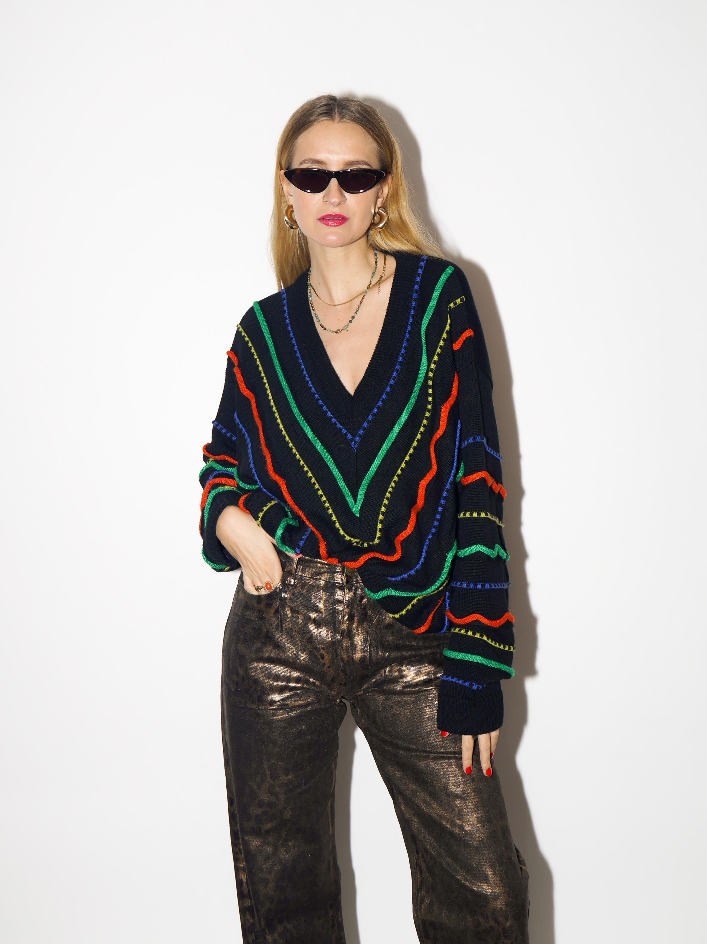 VINTAGE sweater, oversized black pullover with merino wool and cotton from 1980s