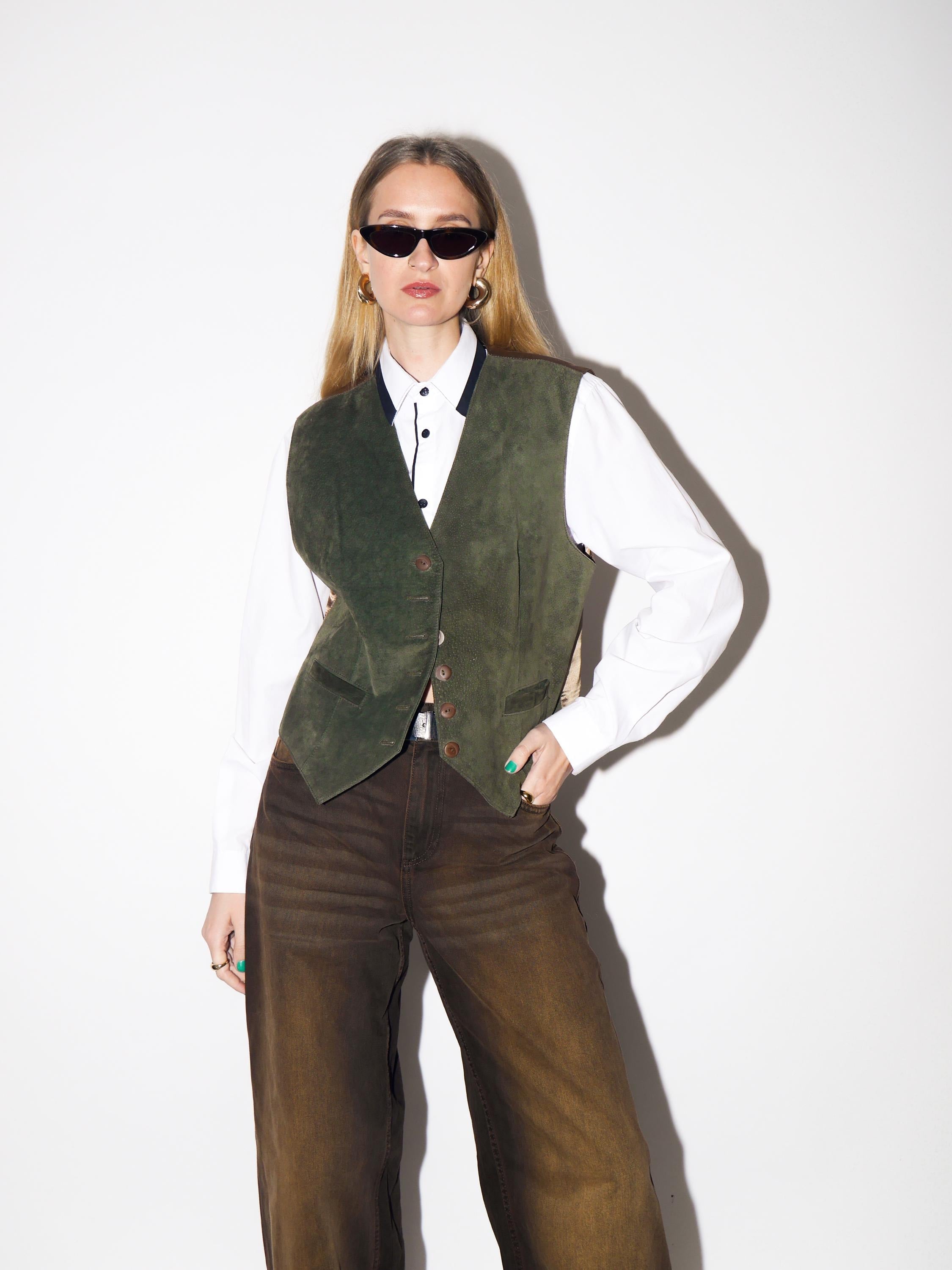 VINTAGE Bottle Green Suede Leather Vest from 1980s by Kippie®