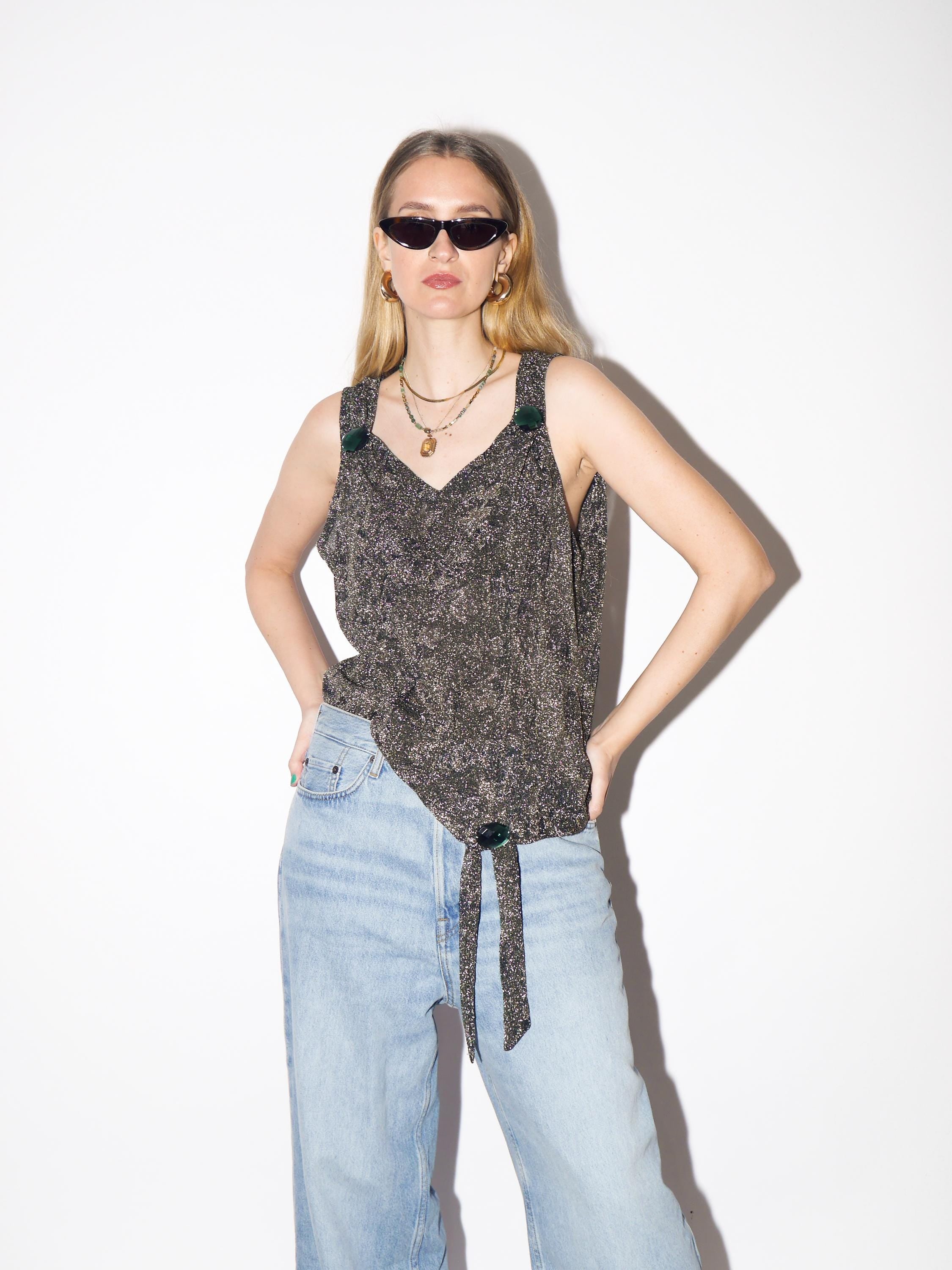 VINTAGE Metallic Glittery Sleeveless Top from 1980s | Retro Gold Silver Blouse