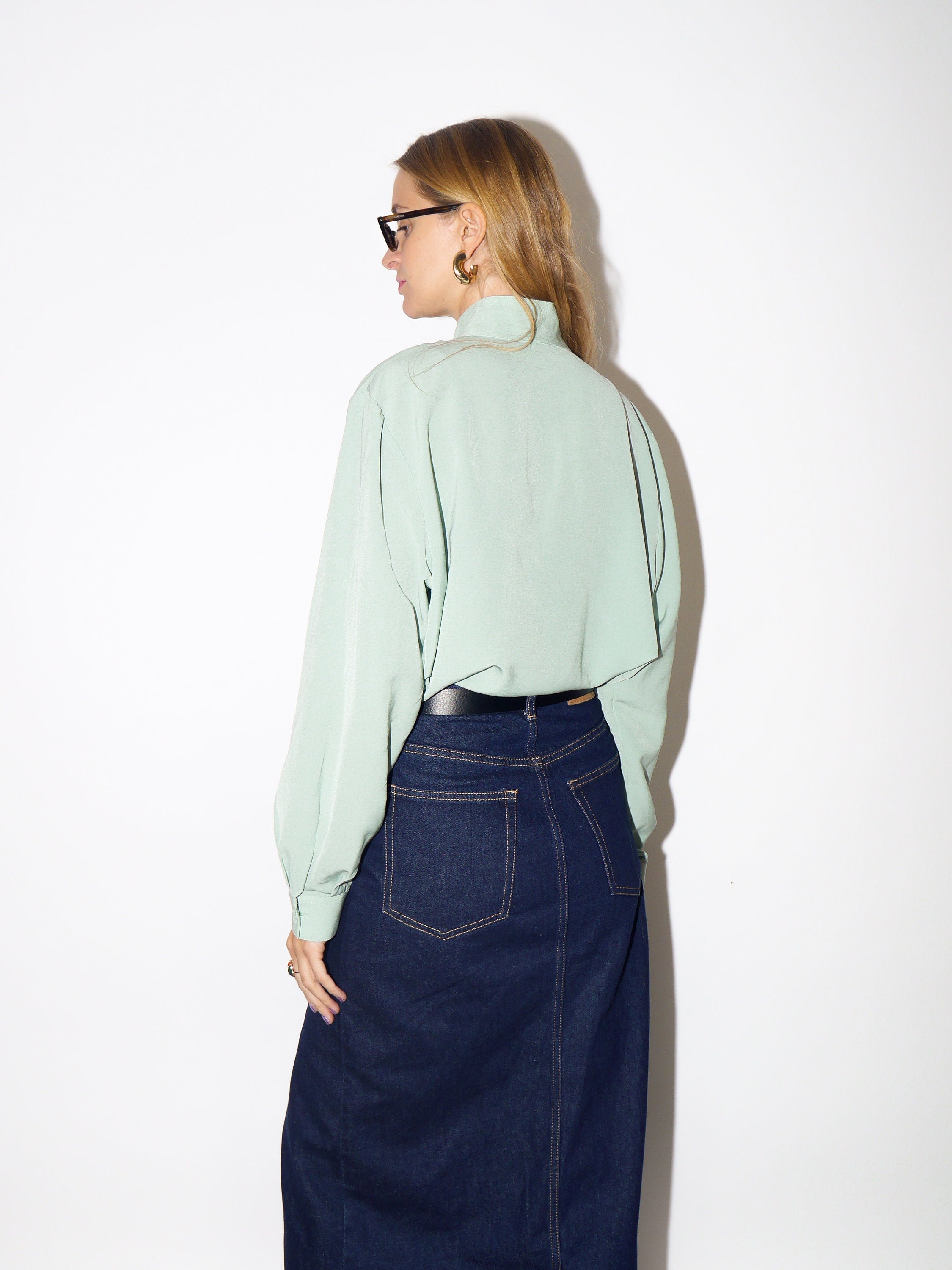 VINTAGE pastel green womens blouse with a stand-up collar and pleats at the front from 1980s | retro style