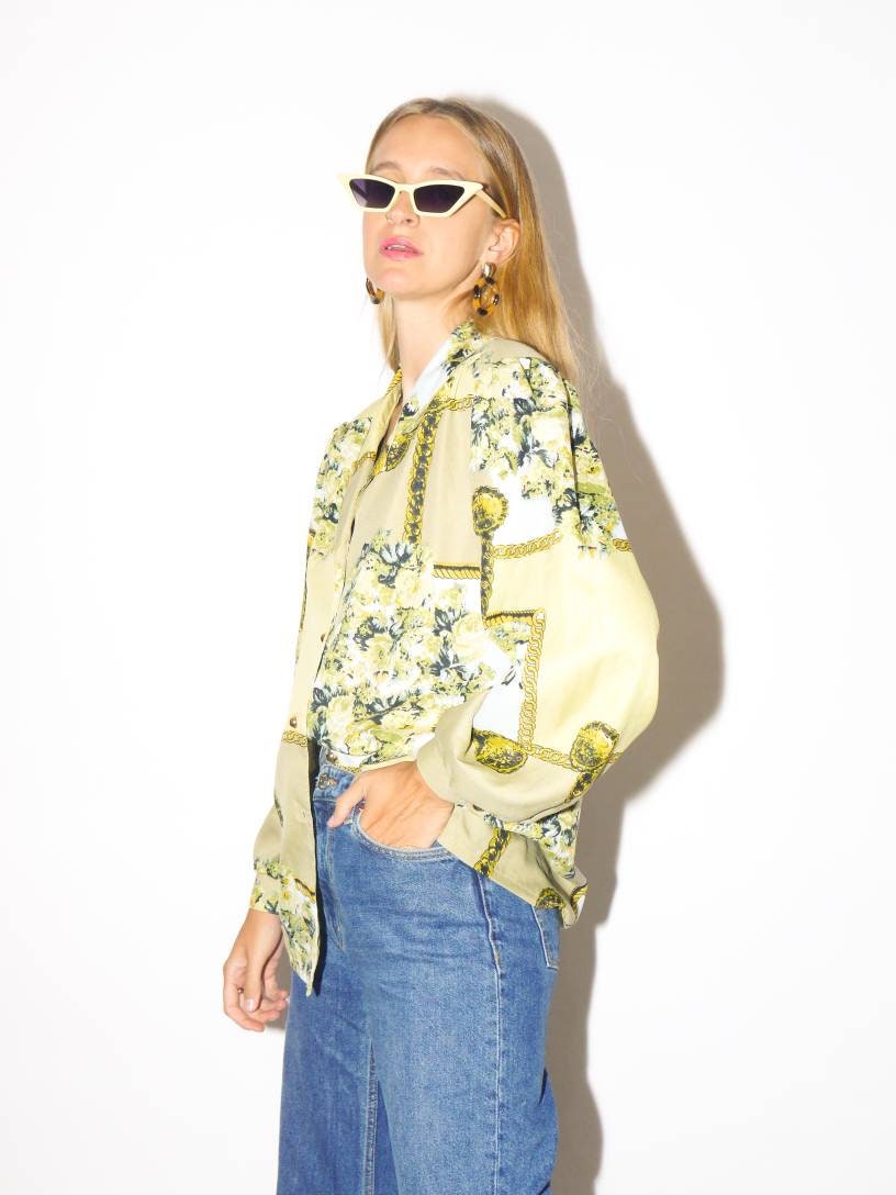 VINTAGE shirt from 1980s in green with chain and floral pattern | feminine soft retro blouse | oversize retro blouse from XS to XL | modopol