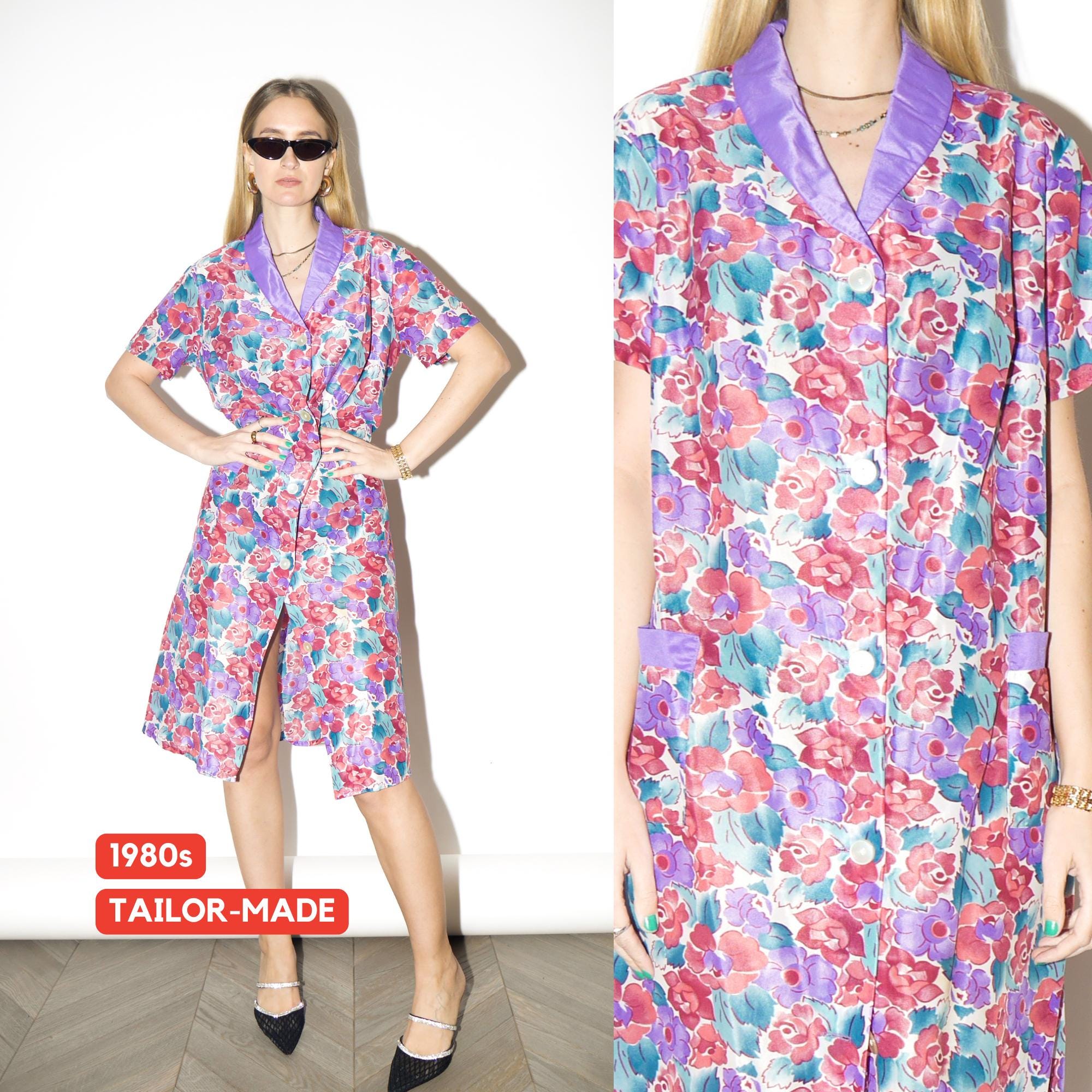 VINTAGE Floral Purple & Red Midi Dress from 1980s | Short Sleeve Floral Dress